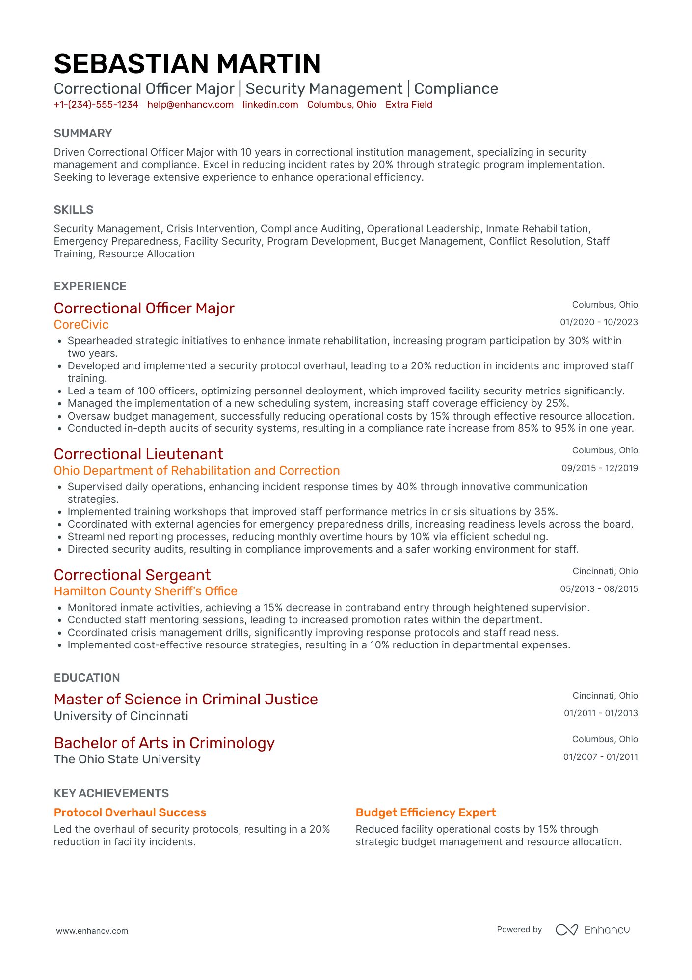 Correctional Officer Major Resume Example