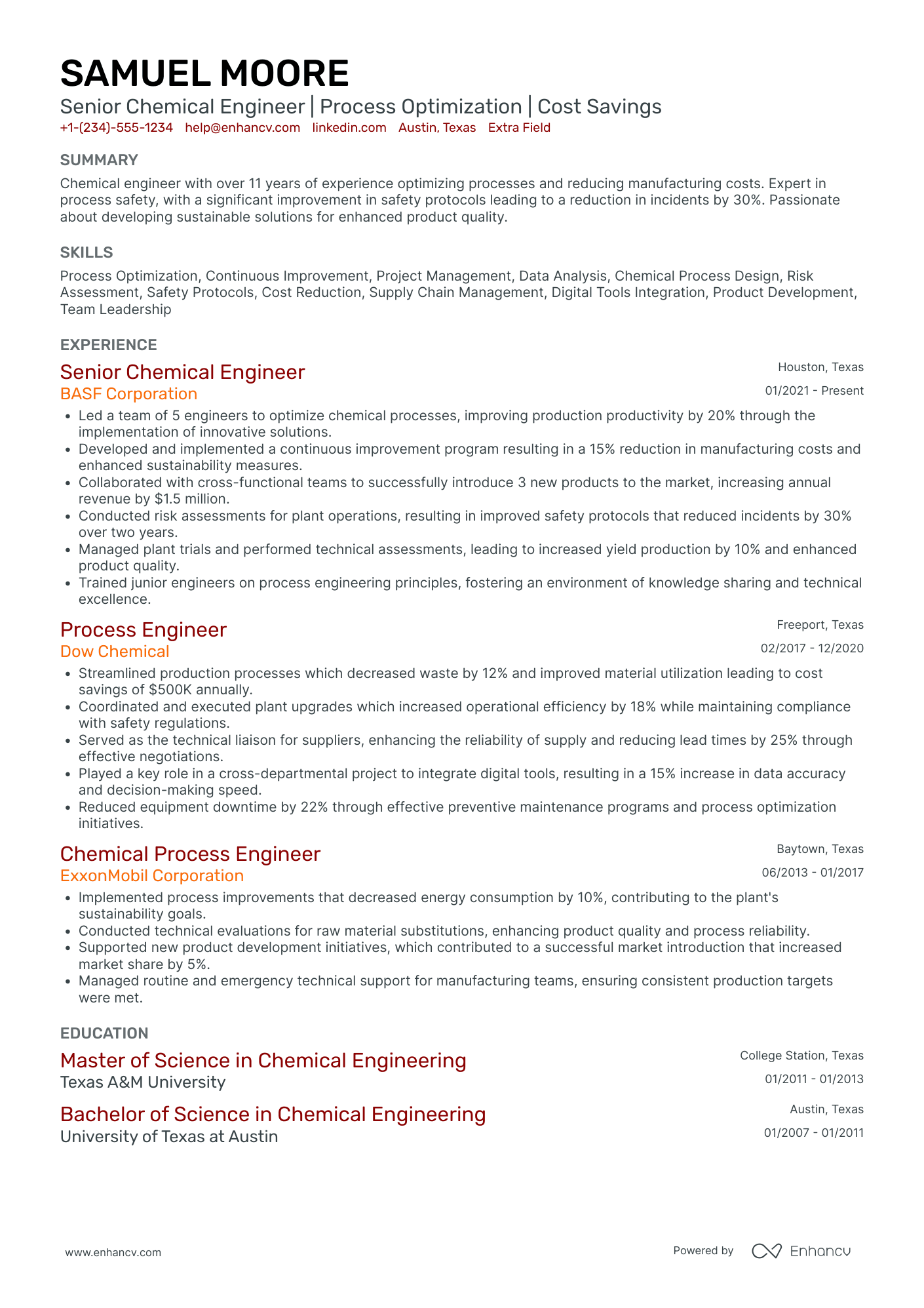 Senior Chemical Engineer Resume Example