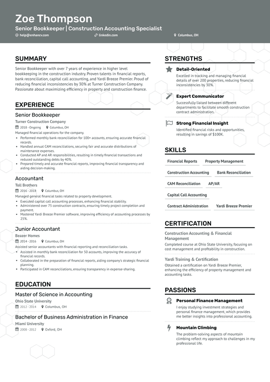 Property Management Bookkeeper Resume Example