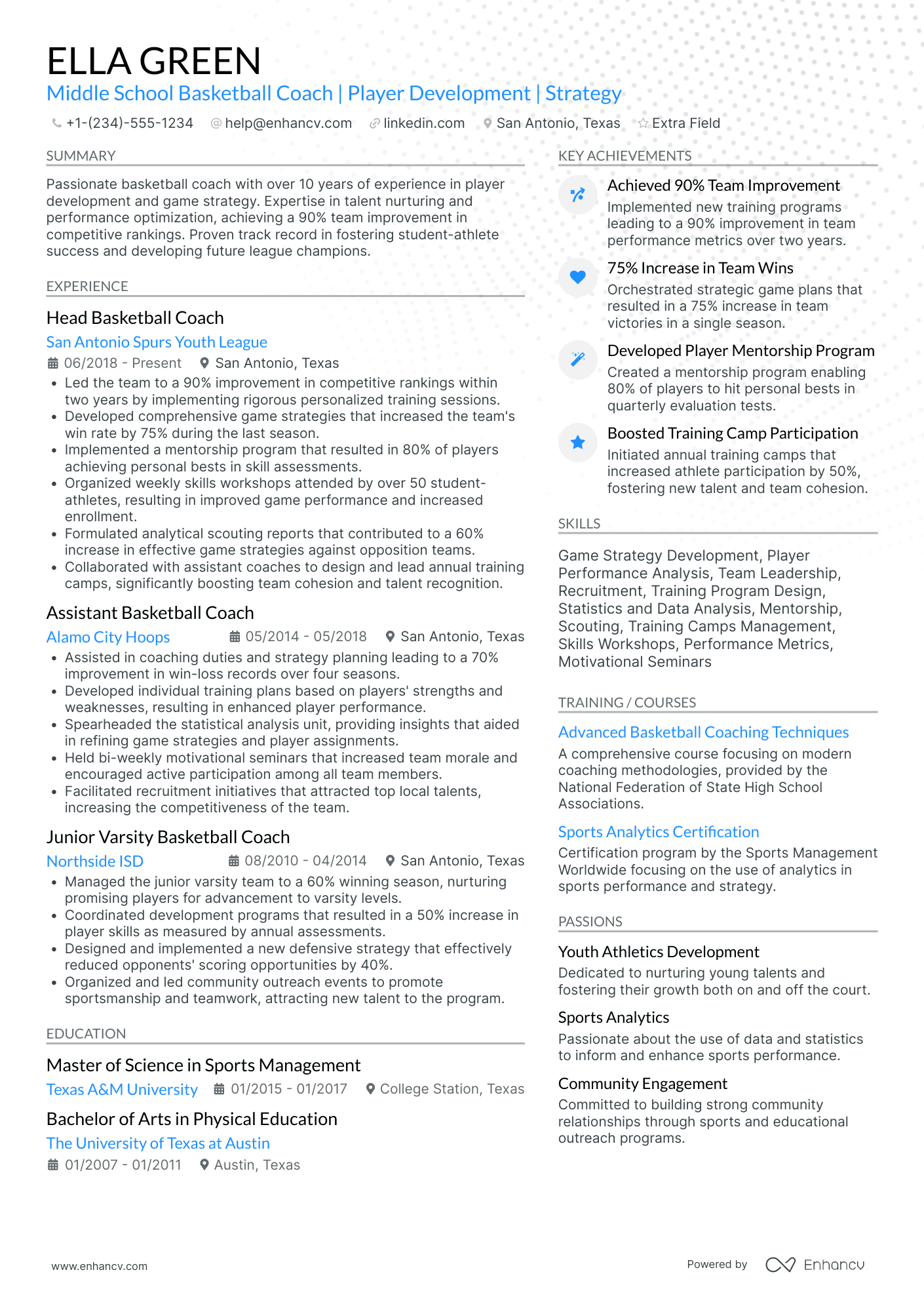 Middle School Basketball Coach Resume Example