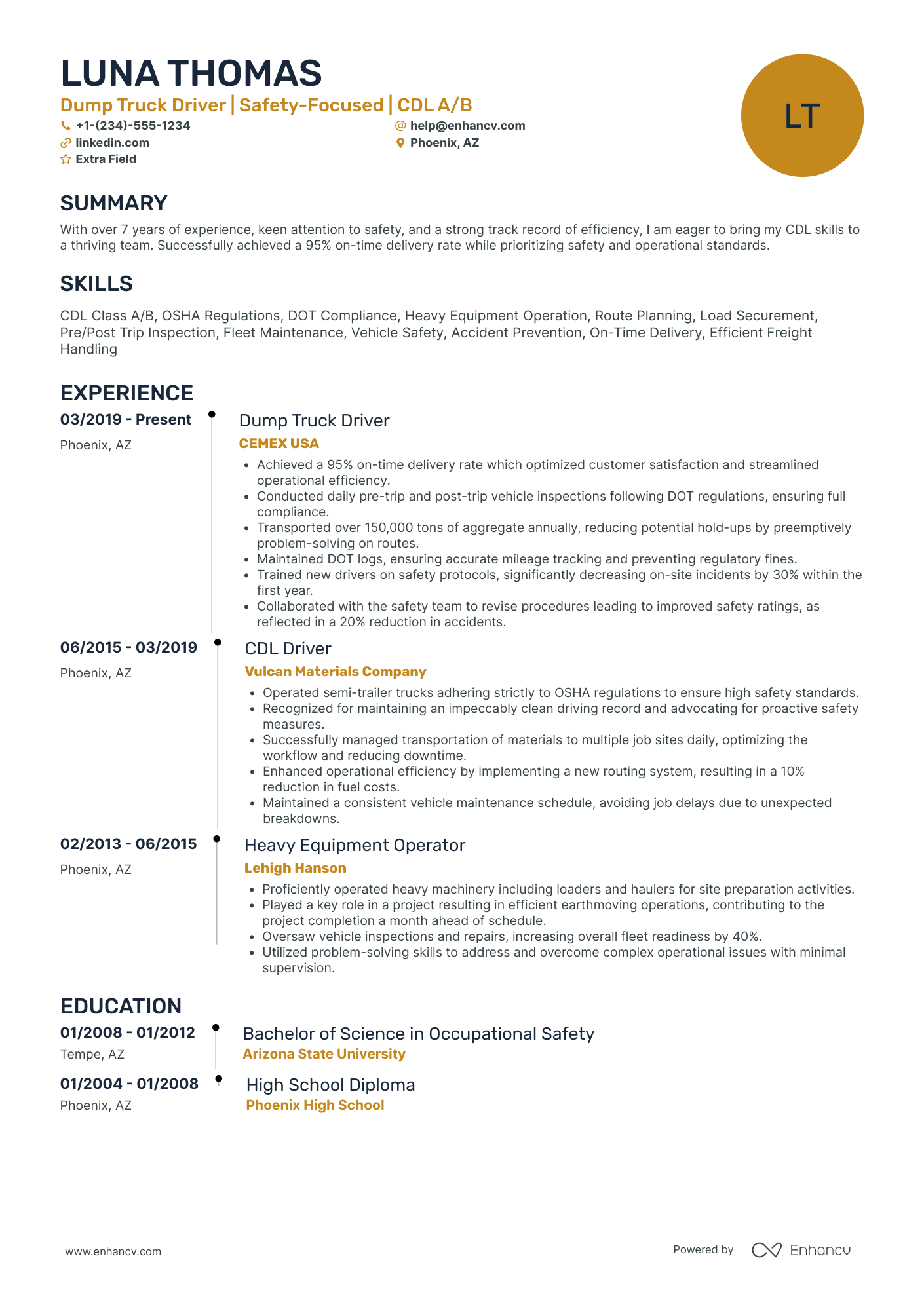 Dump Truck Driver Resume Example