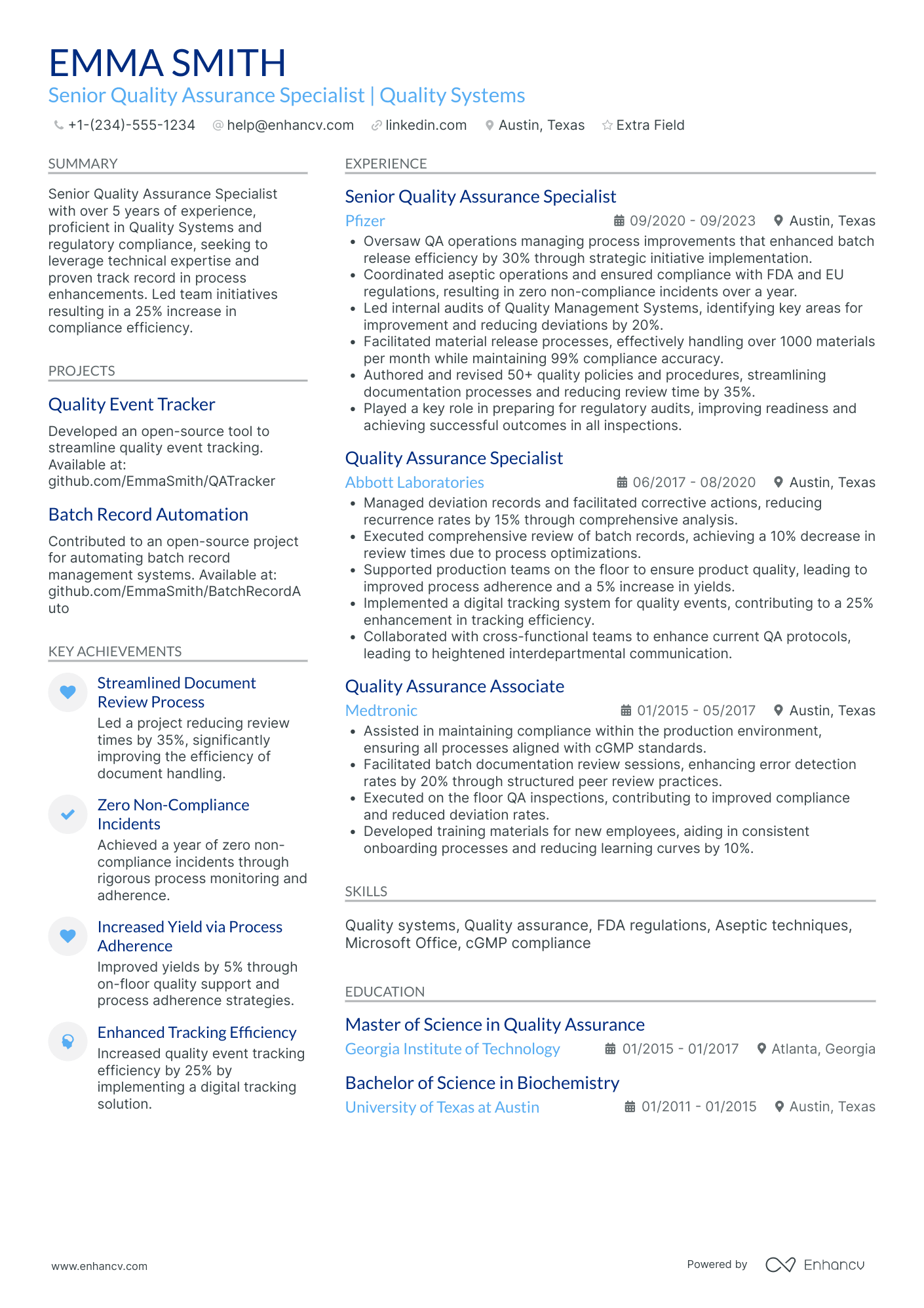 Senior Quality Assurance Specialist Resume Example