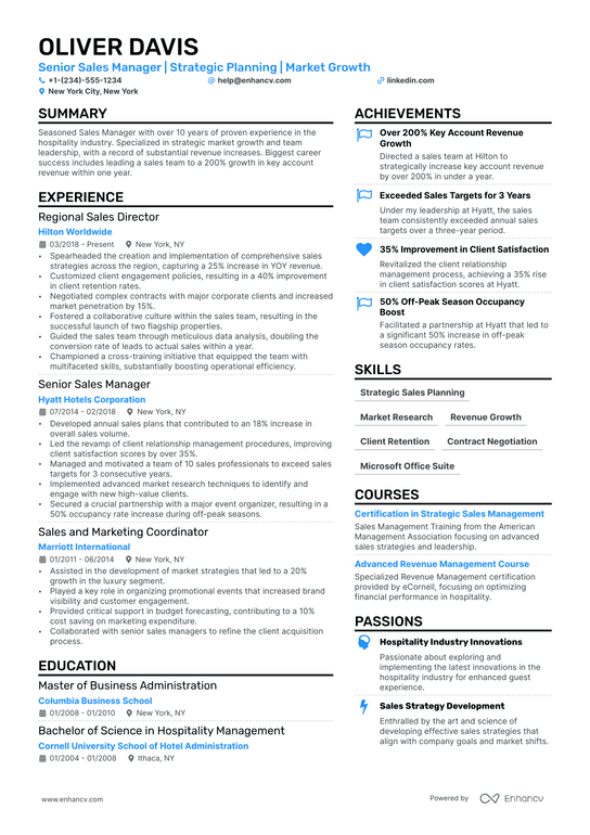 Hotel Sales Manager Resume Example