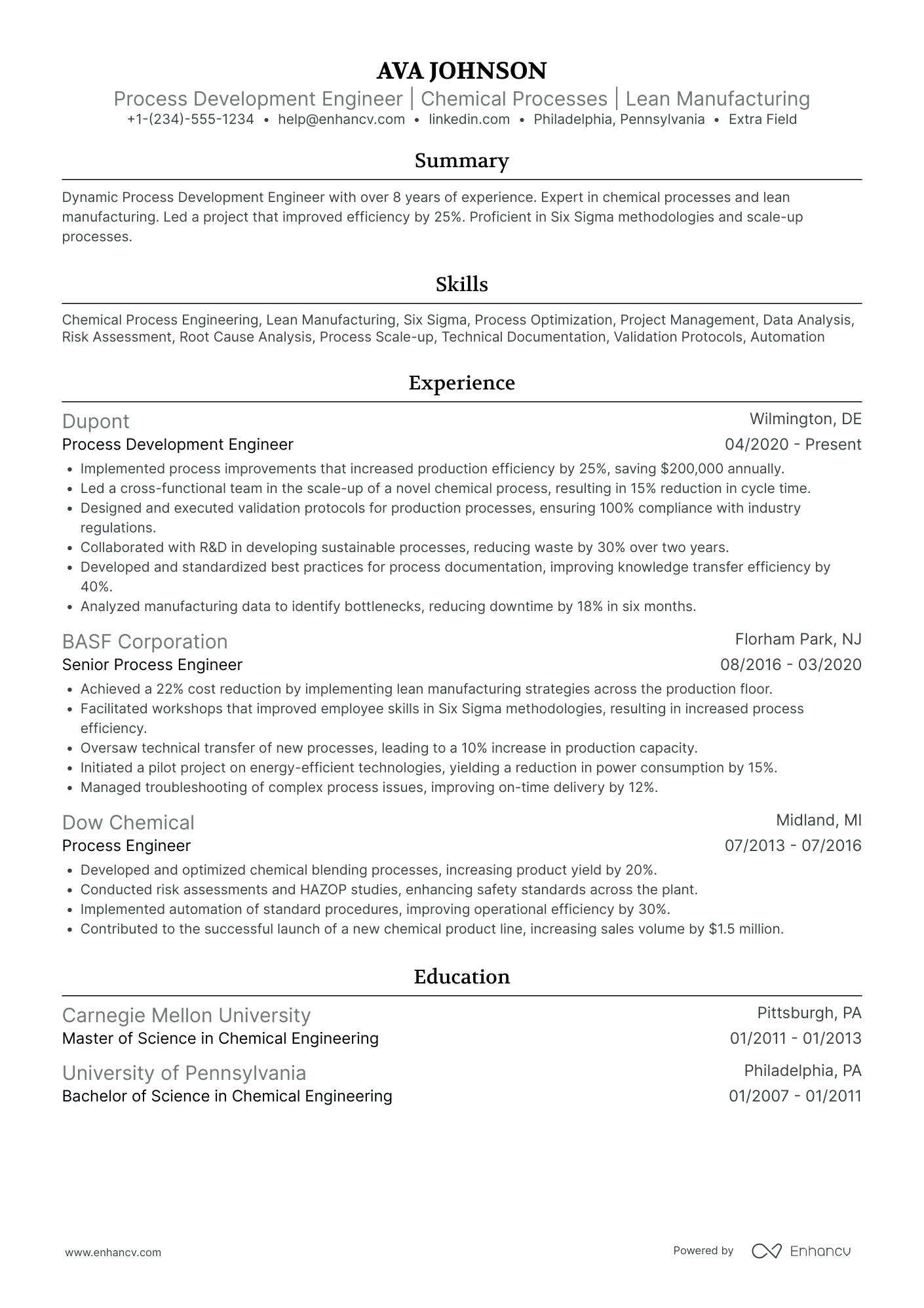 Process Development Engineer Resume Example