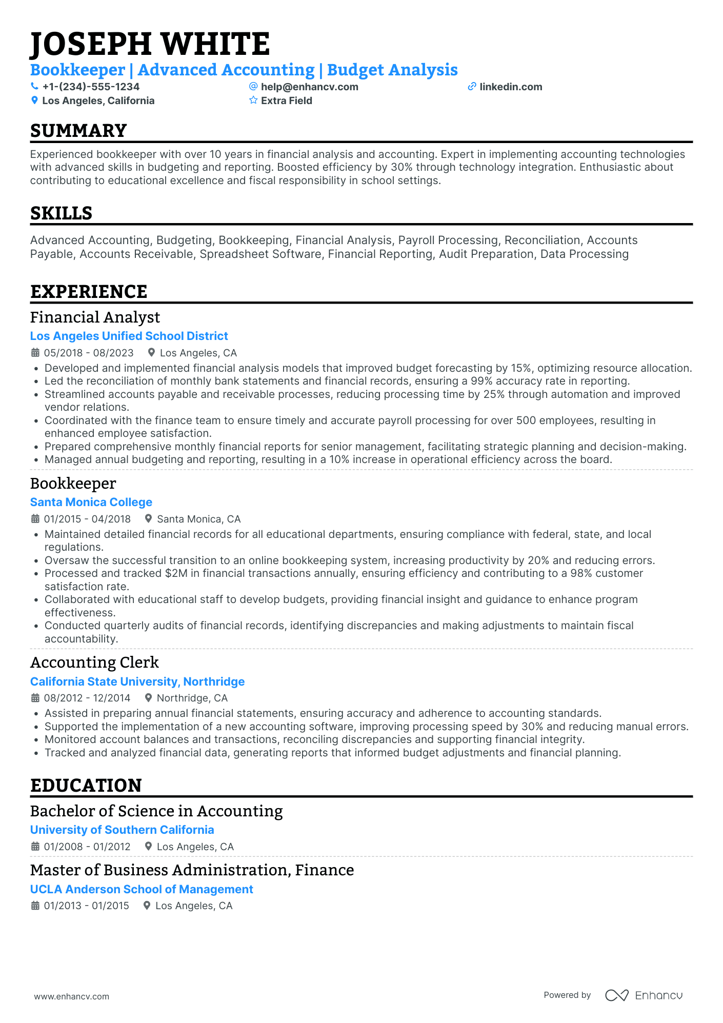 Bookkeeper Supervisor Resume Example