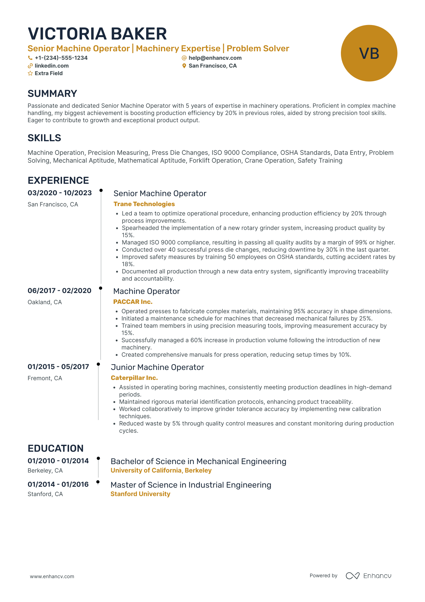 Experienced Machine Operator Resume Example