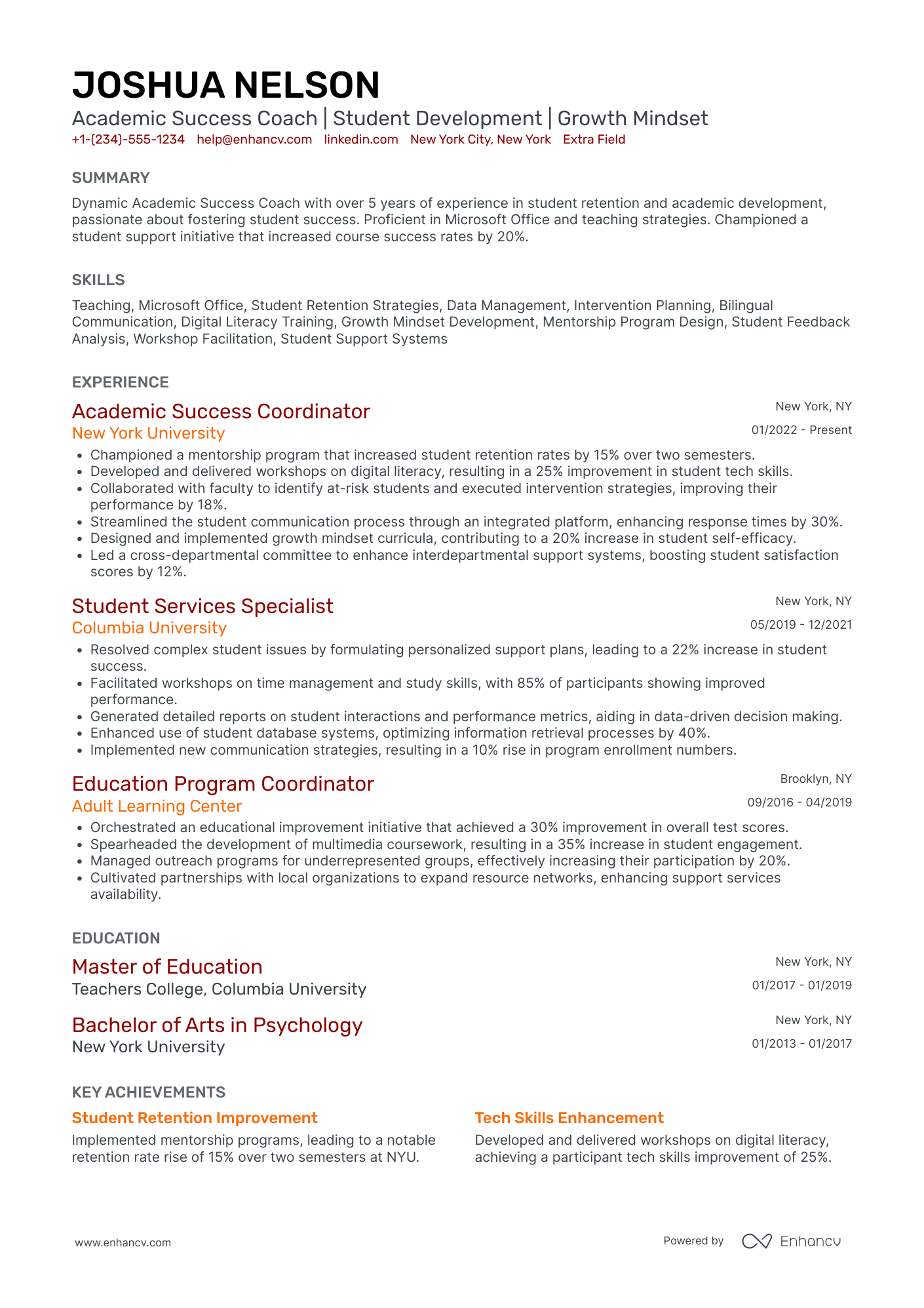 Academic Success Coach Resume Example