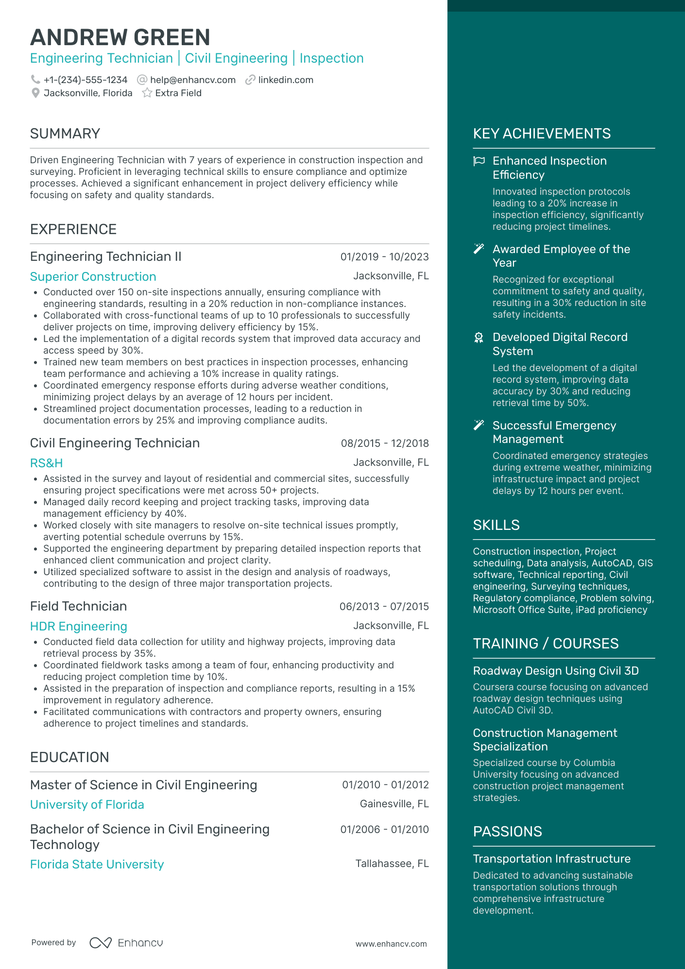 Civil Engineering Technician Resume Example