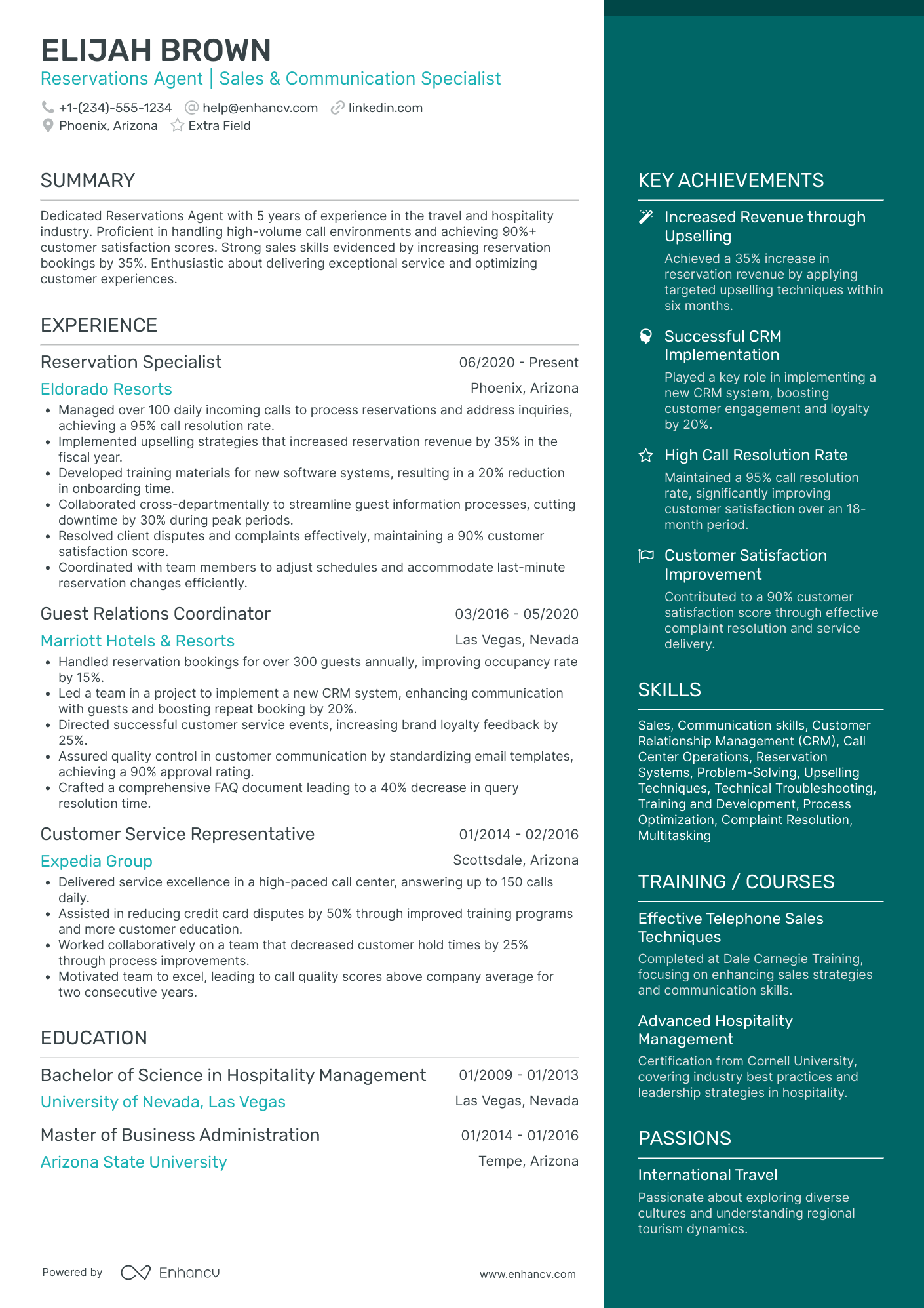 Trainee Reservation Sales Agent Resume Example