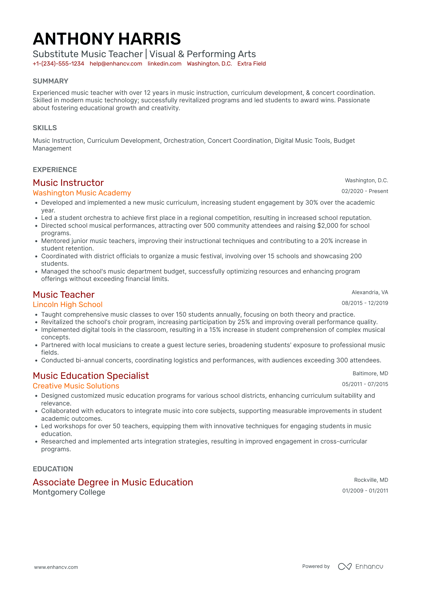 Substitute Music Teacher Resume Example