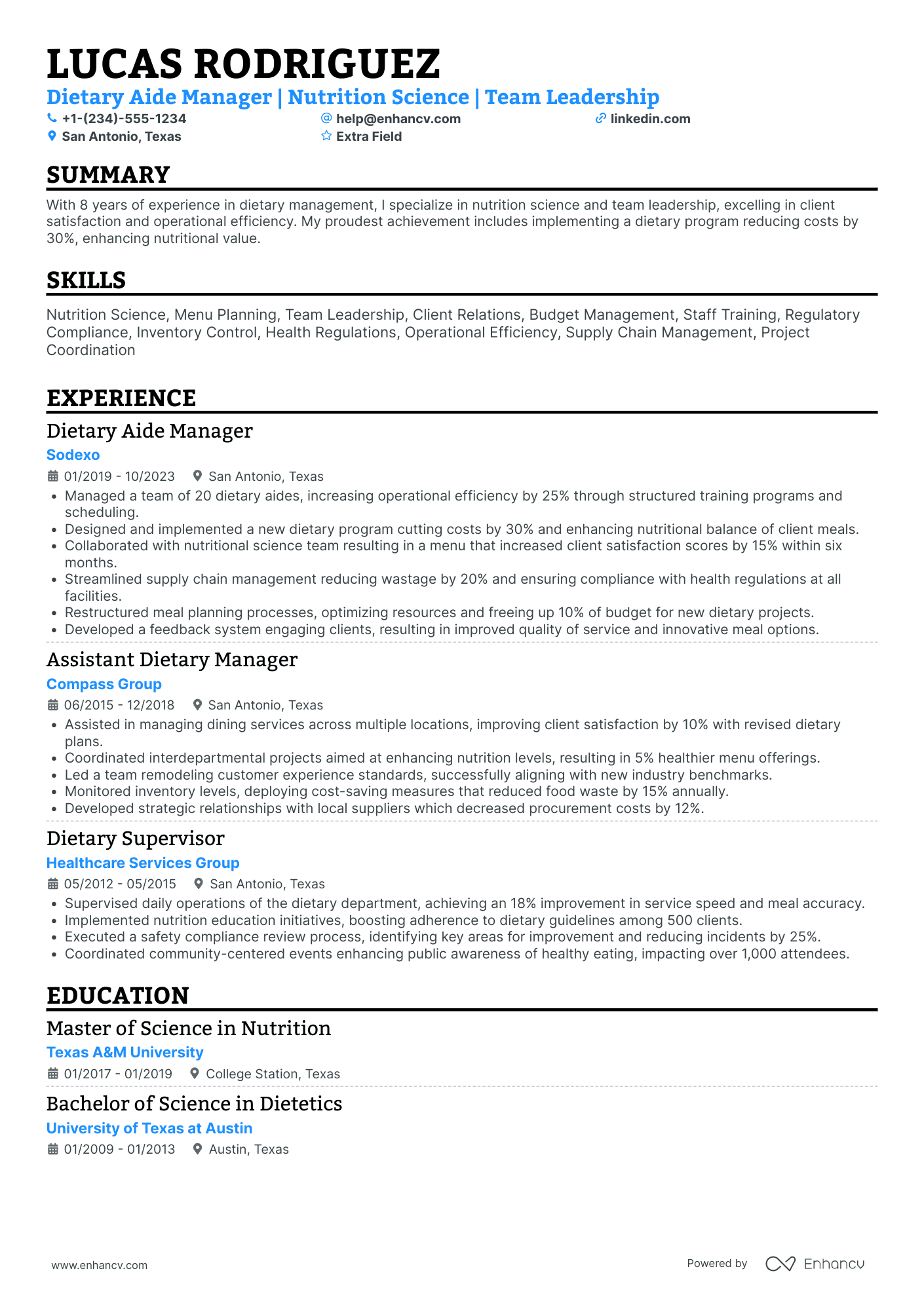 Dietary Aide Manager Resume Example