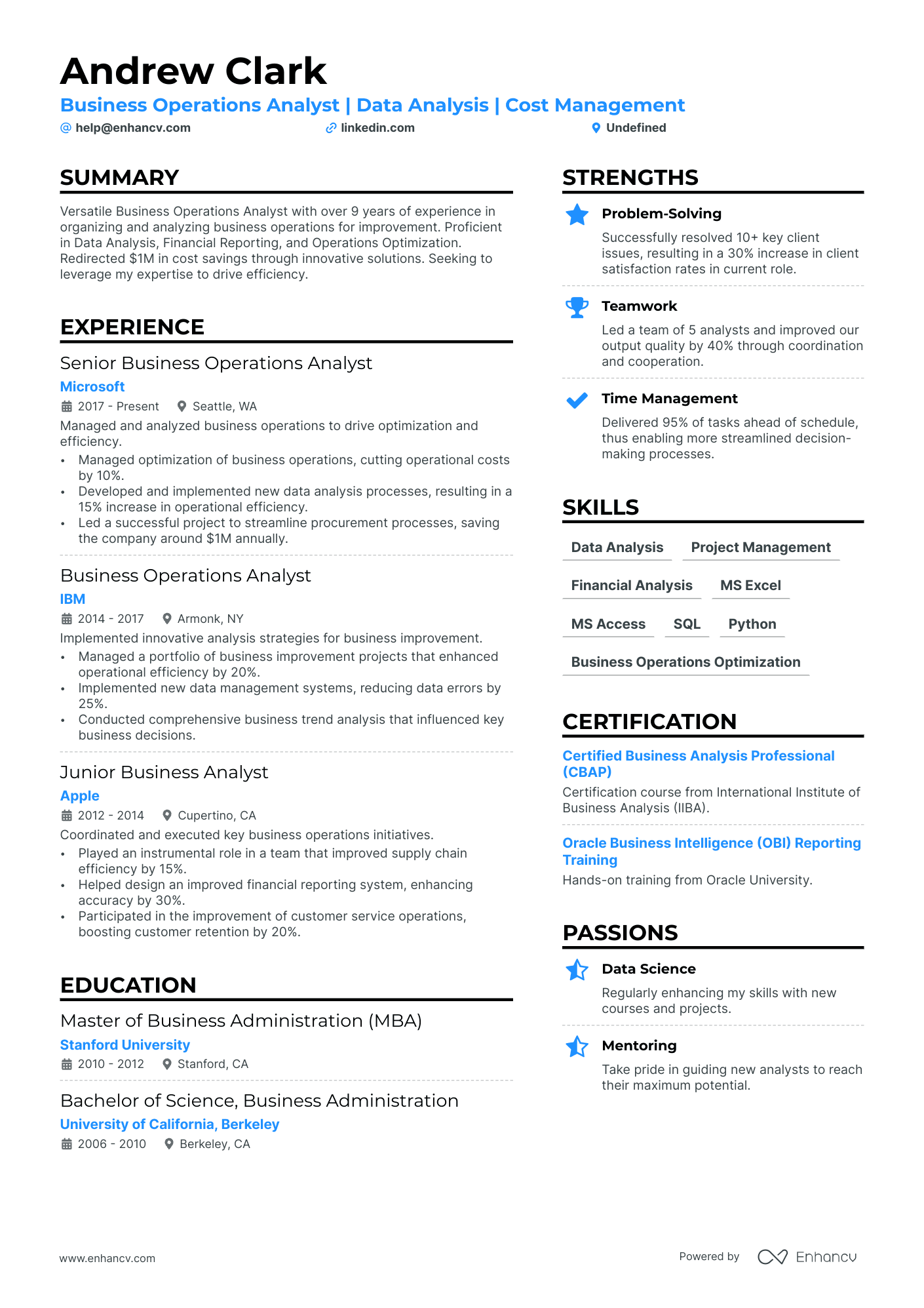 Business Operations Analyst Resume Example