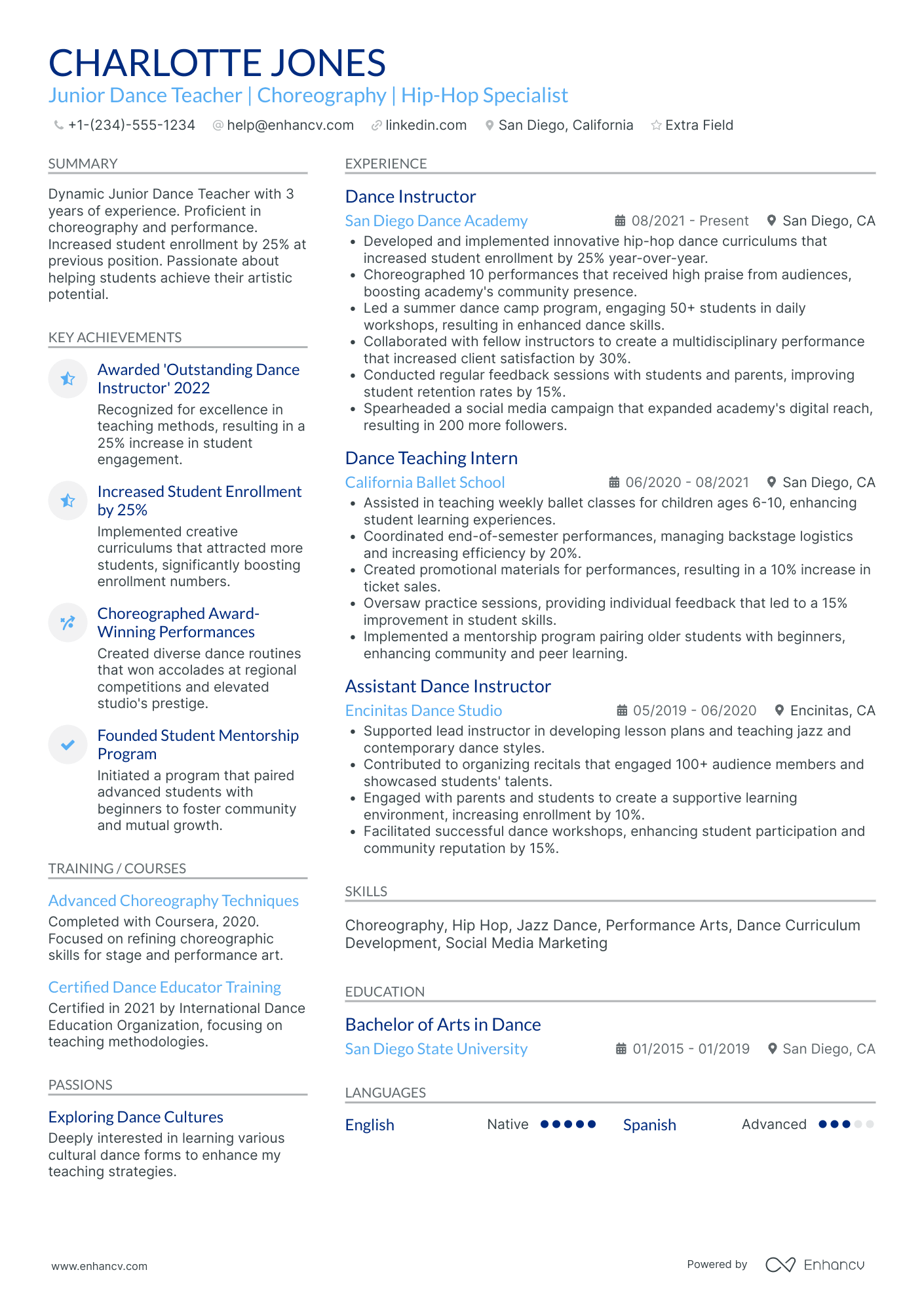 Junior Dance Teacher Resume Example