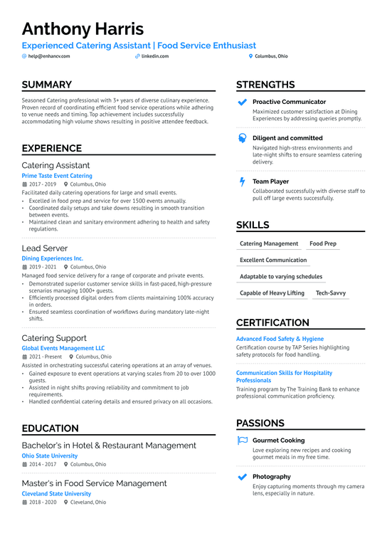 Catering Assistant Resume Example