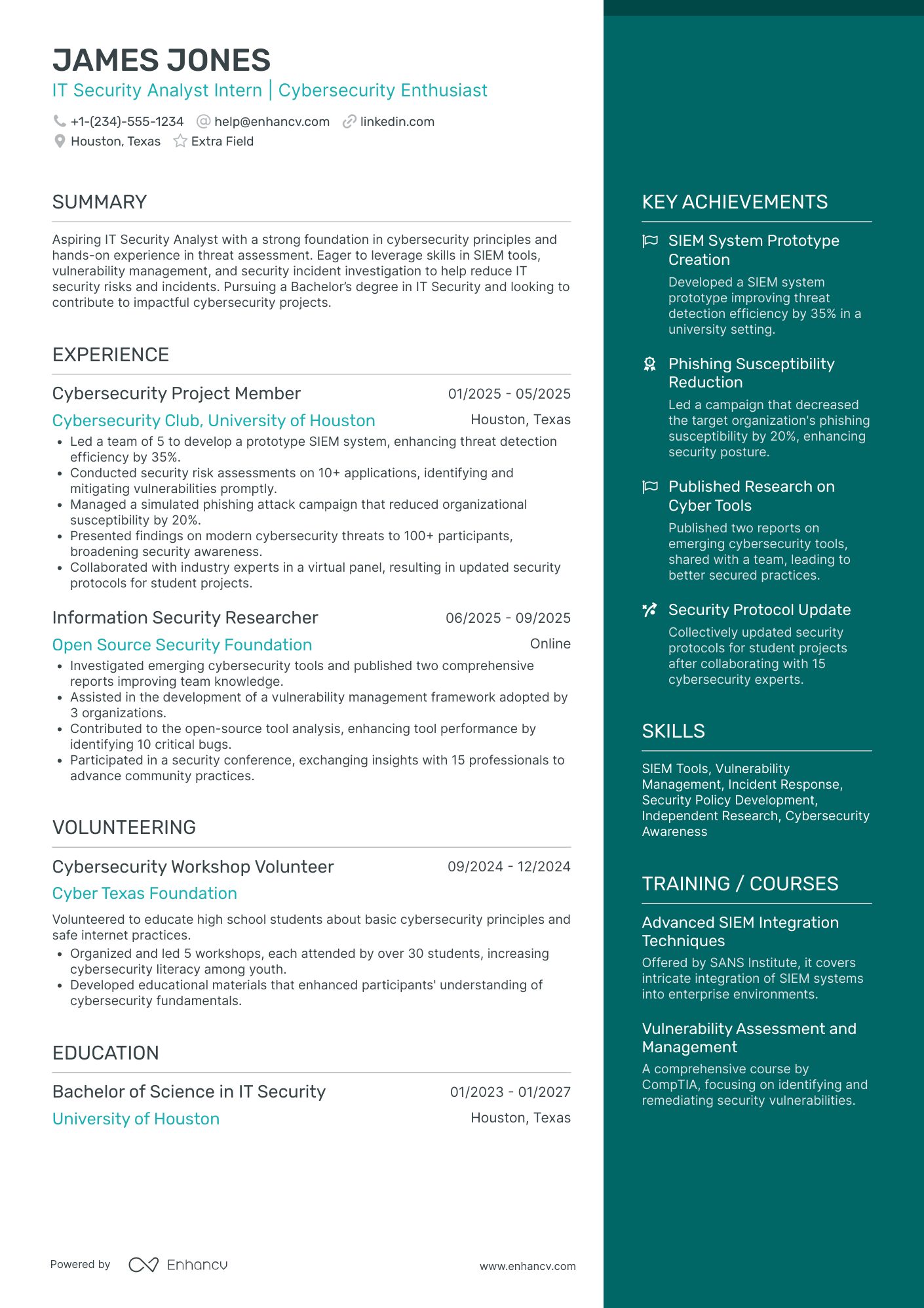 IT Security Analyst Intern Resume Example