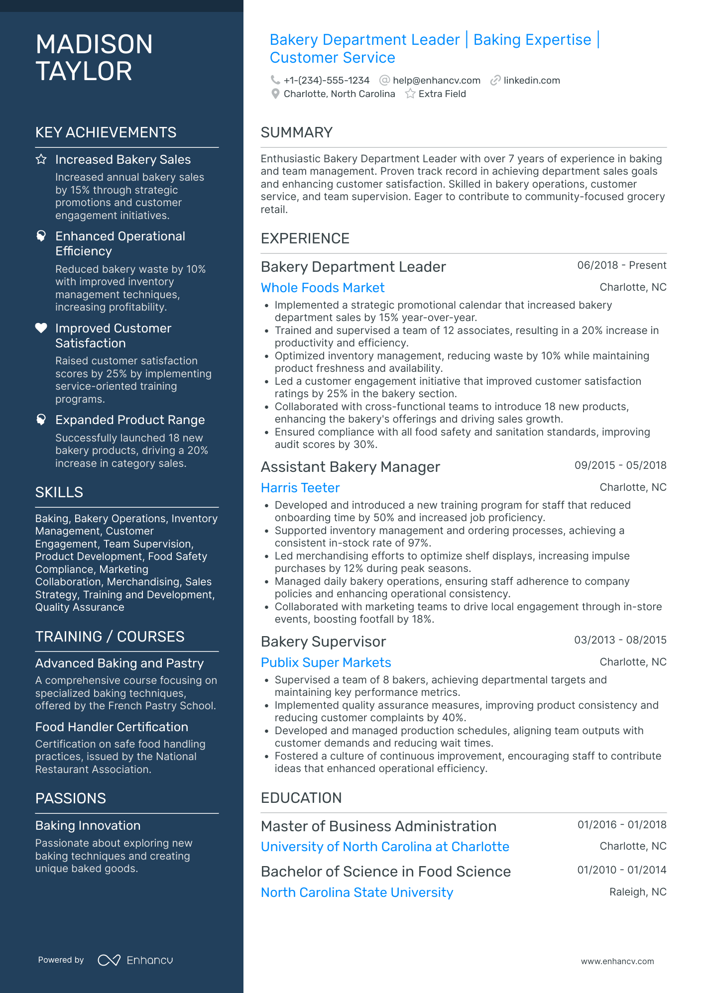 Bakery Department Supervisor Resume Example