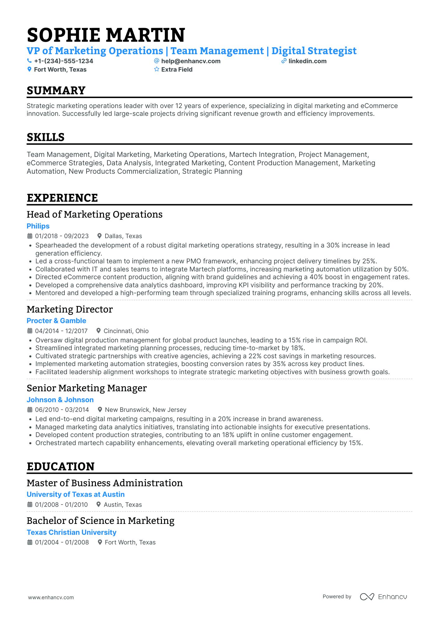 VP Marketing Operations Resume Example