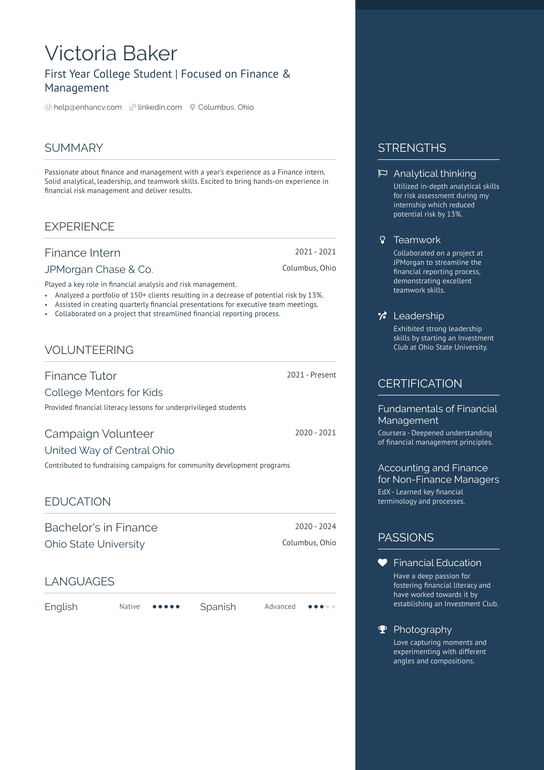 First Year College Student Resume Example