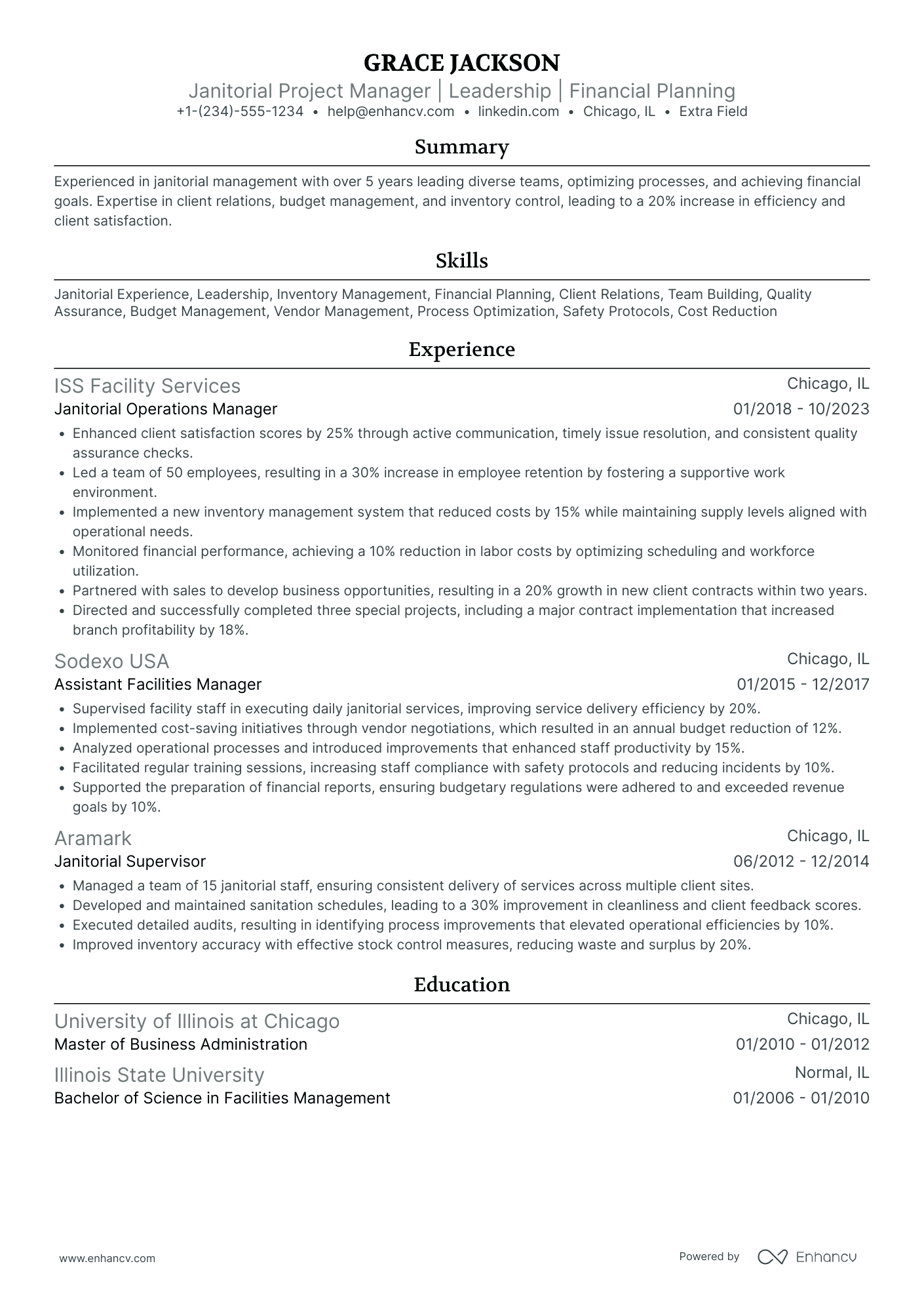 Janitorial Project Manager Resume Example