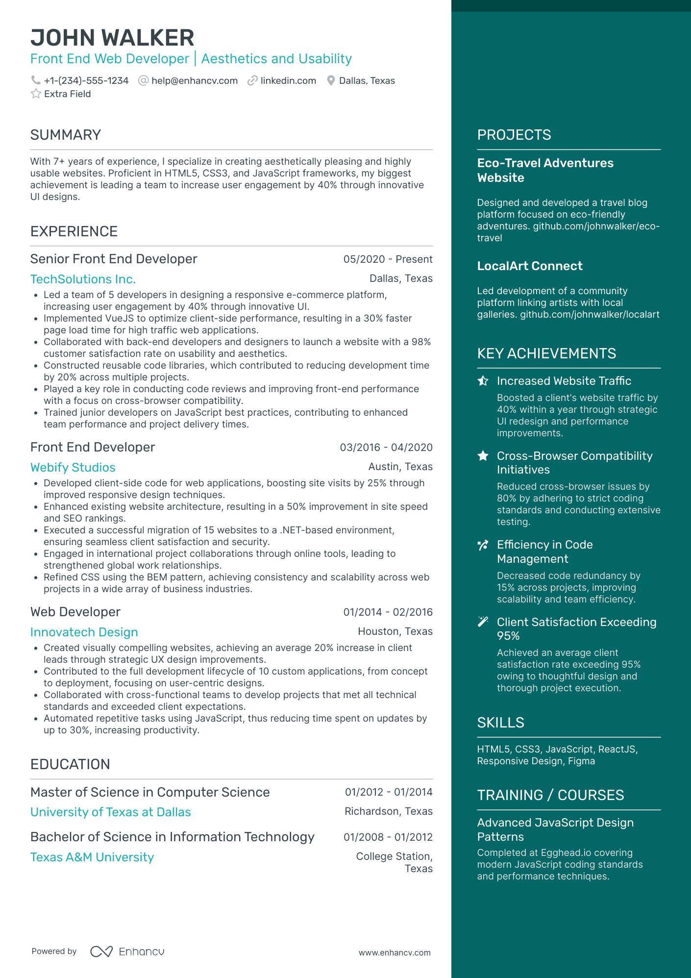 Front End HTML5 Developer Resume Example