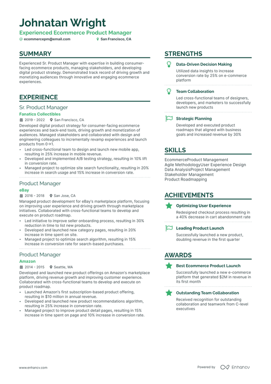Ecommerce Product Manager Resume Example