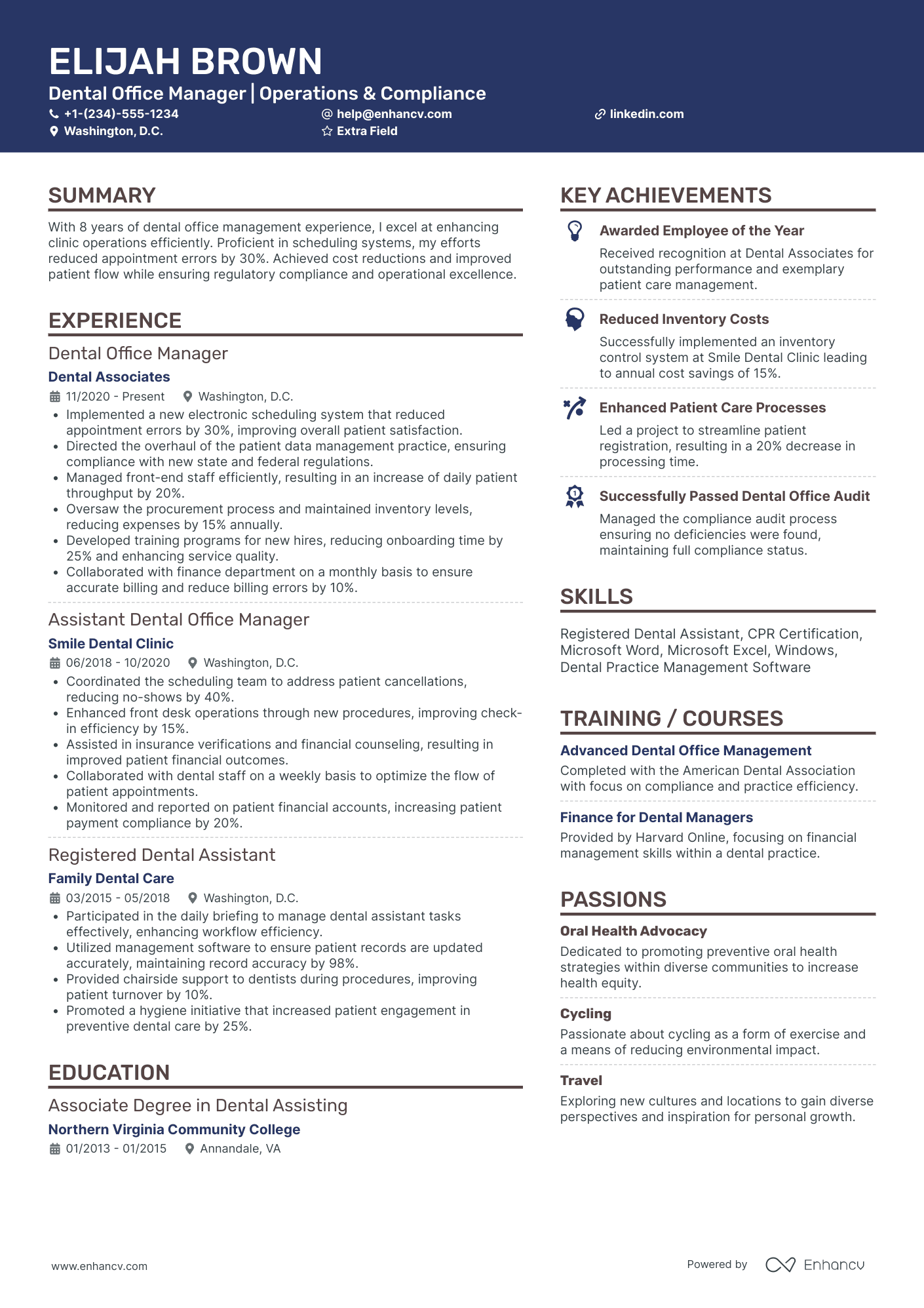 Dental Office Assistant Manager Resume Example