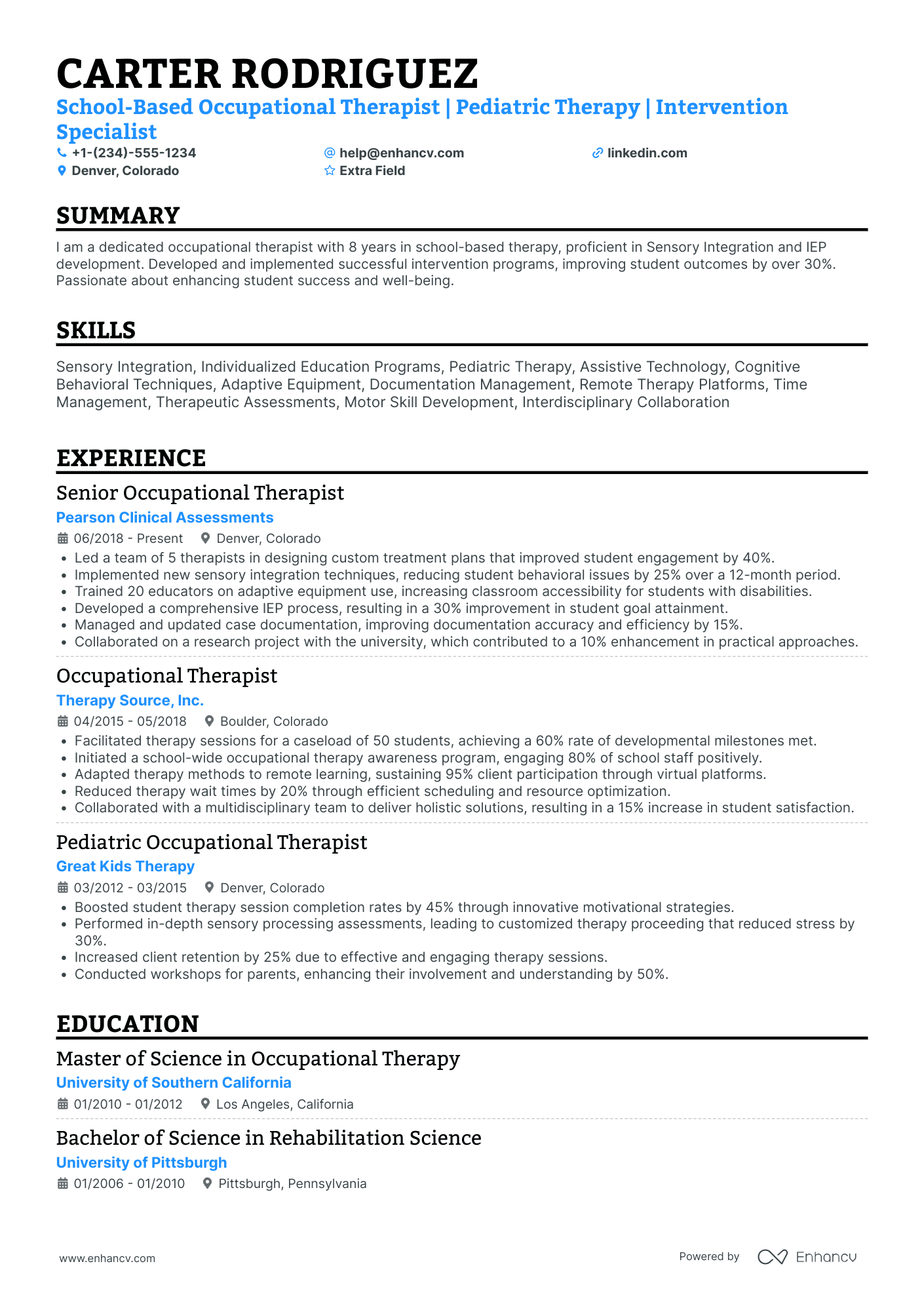 School Based Occupational Therapist Resume Example