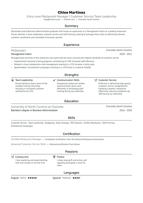 Entry Level Restaurant Manager Resume Example