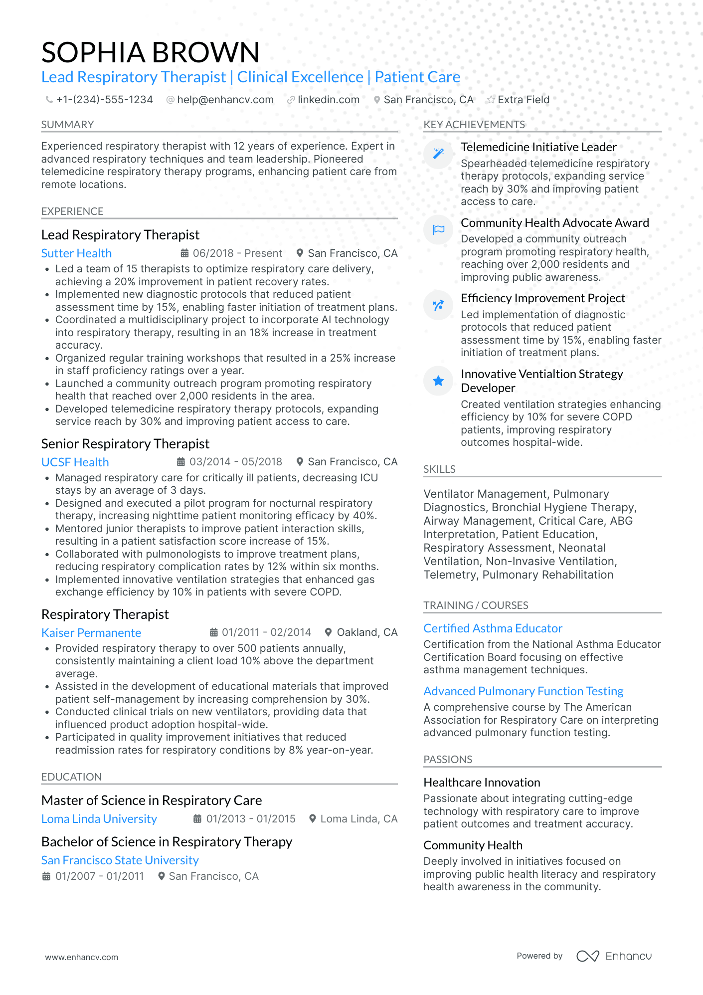 Lead Respiratory Therapist Resume Example