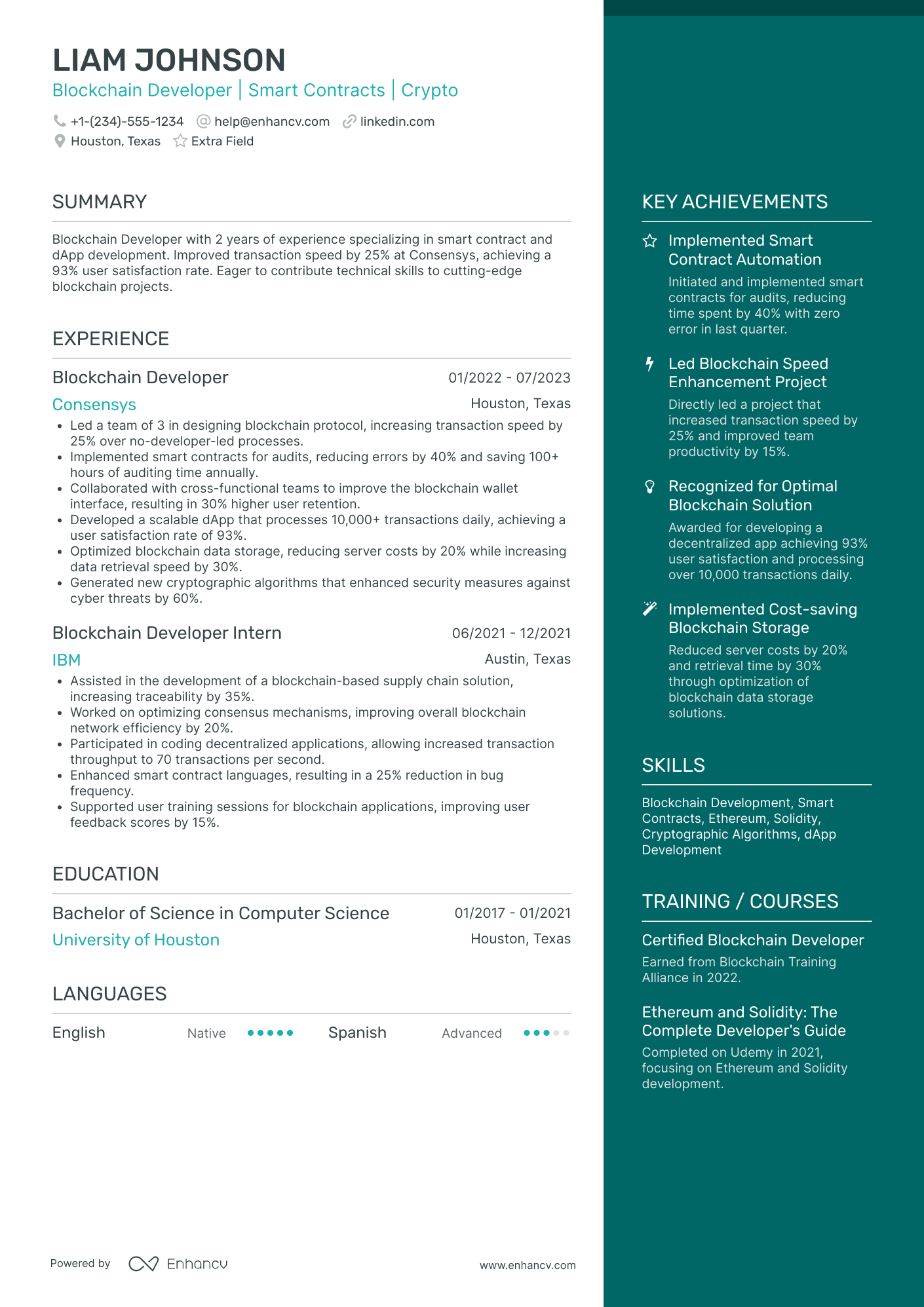 Junior Blockchain Developer Resume Example