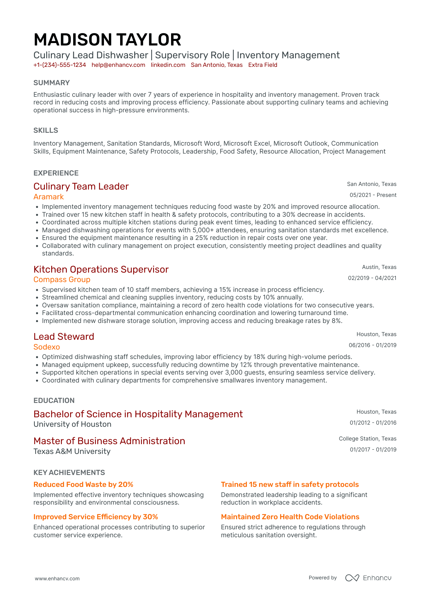 Lead Dishwasher Resume Example