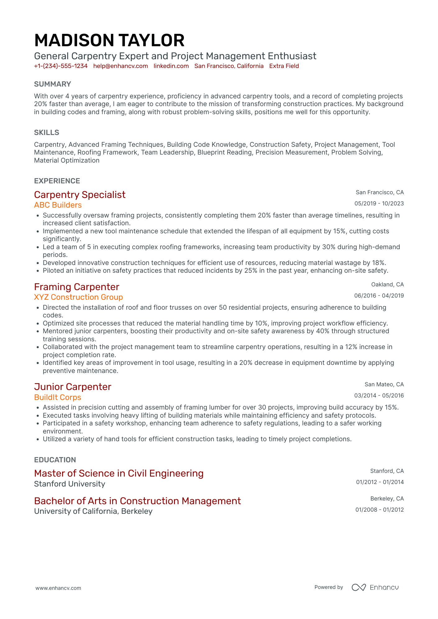 Framing Carpenter Resume Example