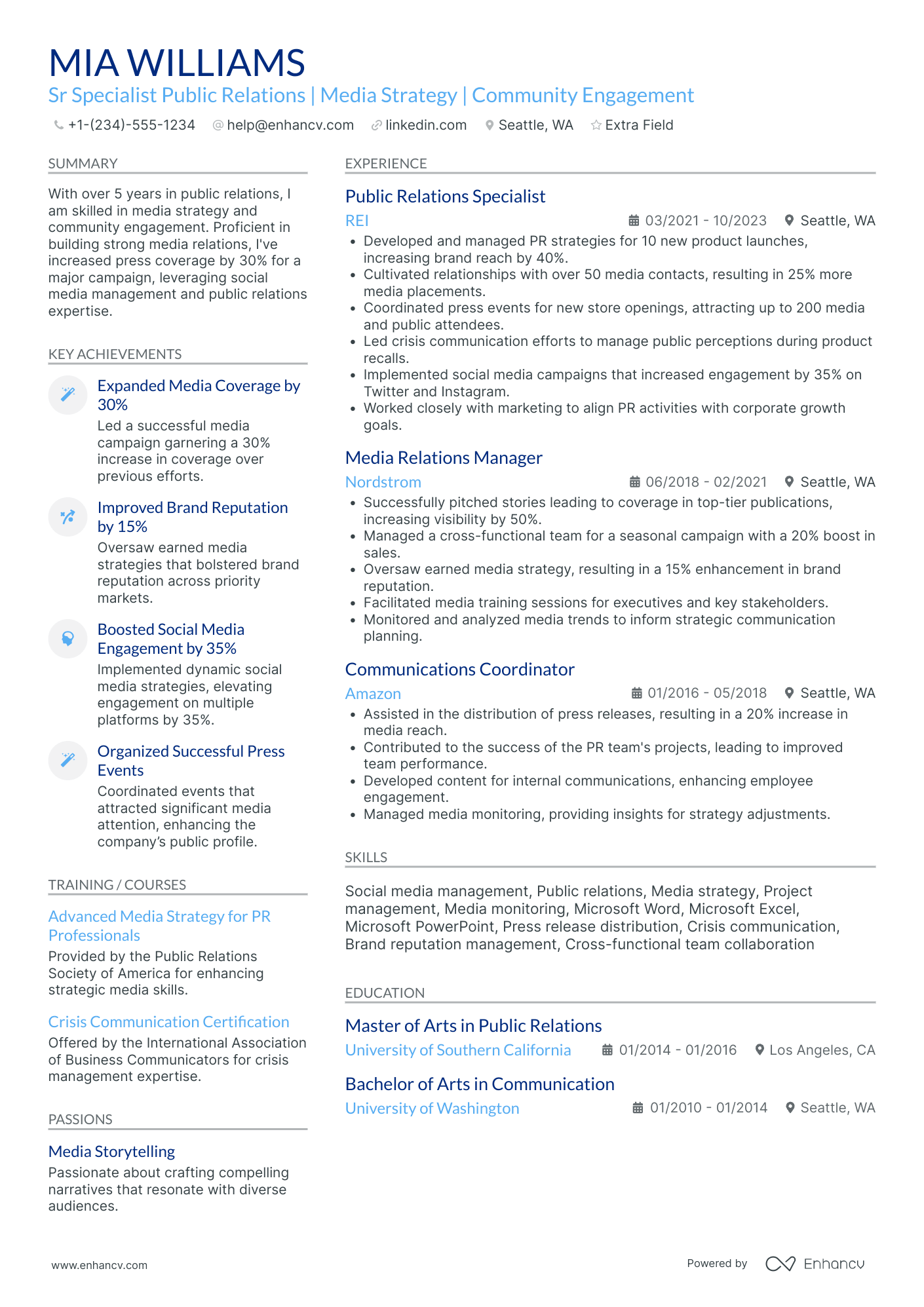 Sports Public Relations Specialist Resume Example