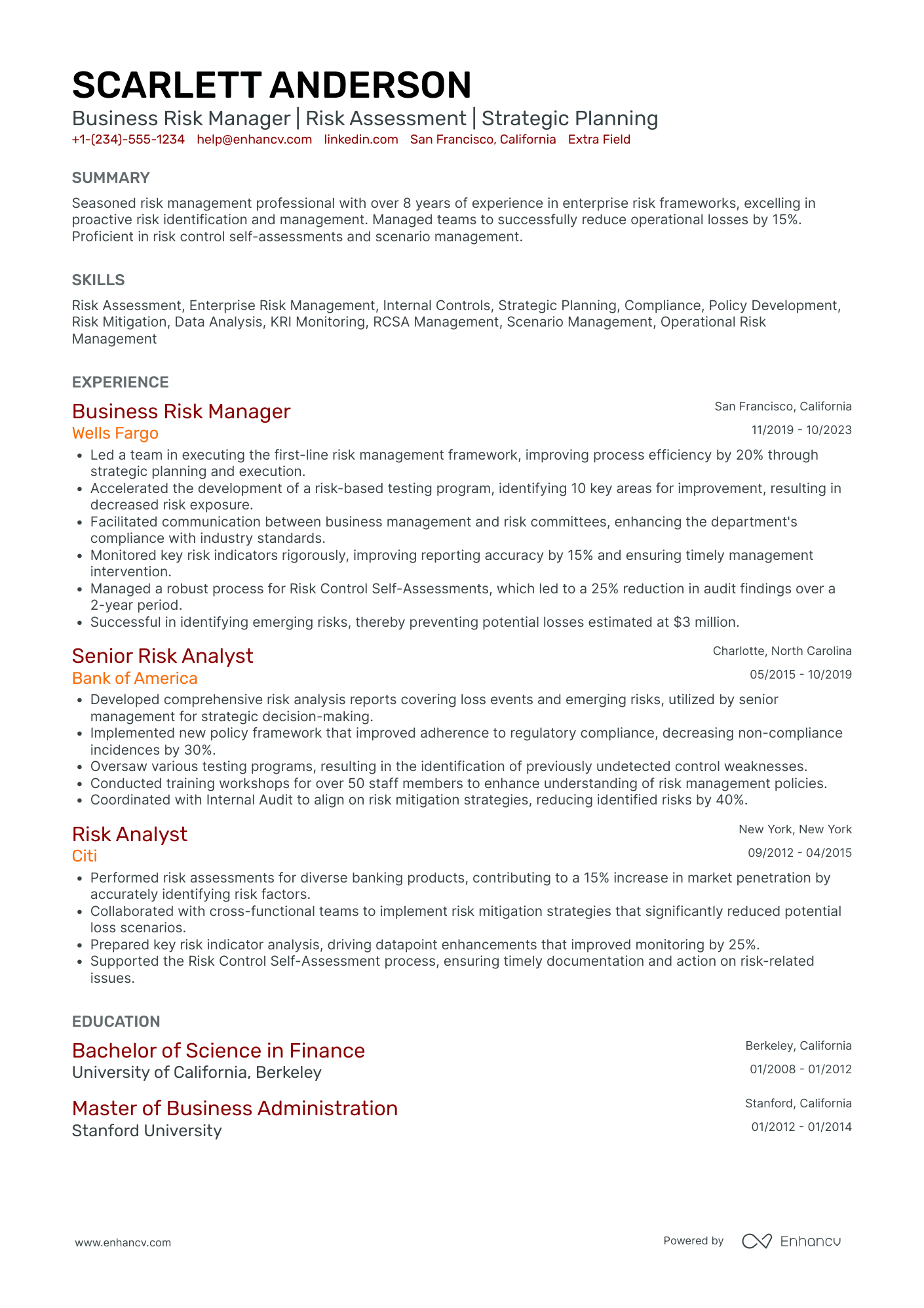 Factory Risk Manager Resume Example