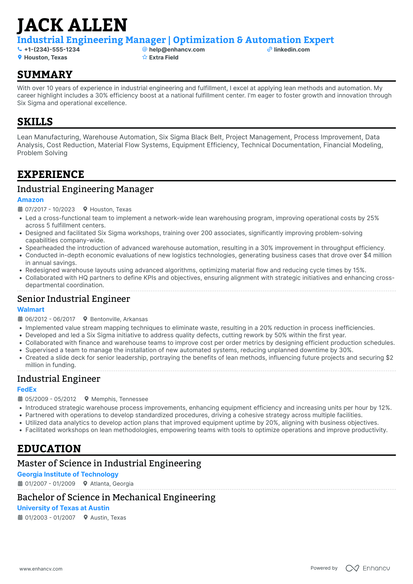 Industrial Engineering Manager Resume Example