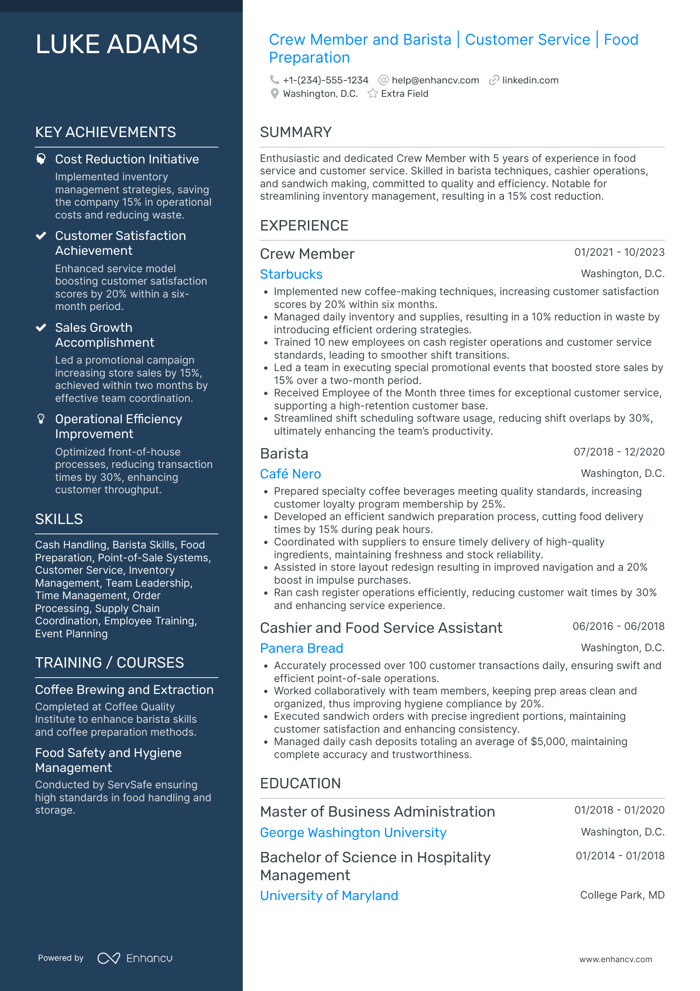 Barista and Sandwich Maker Resume Example