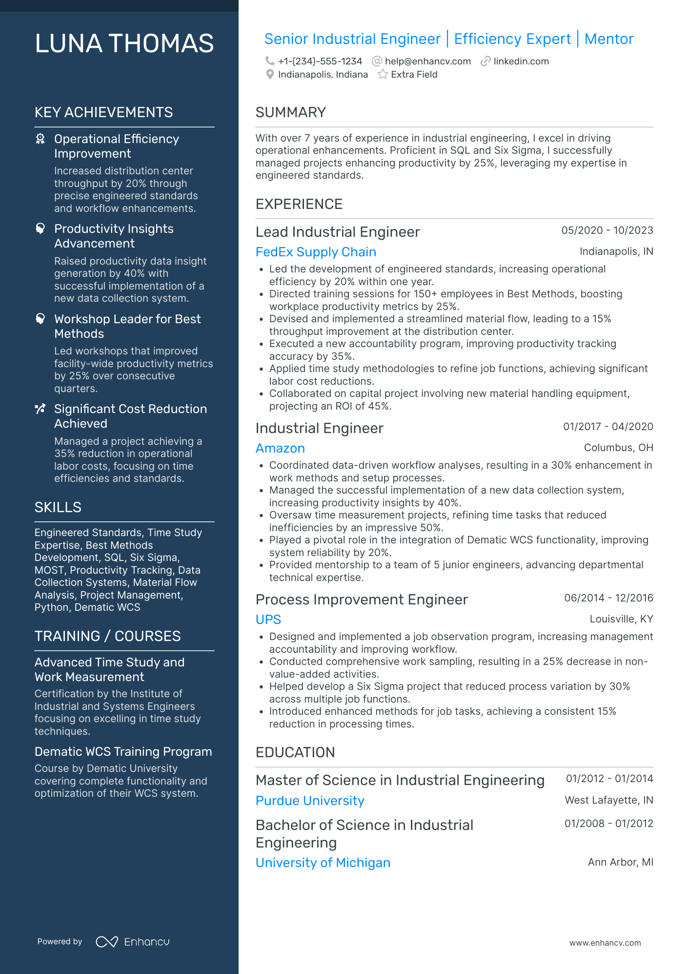 Senior Industrial Engineer Resume Example