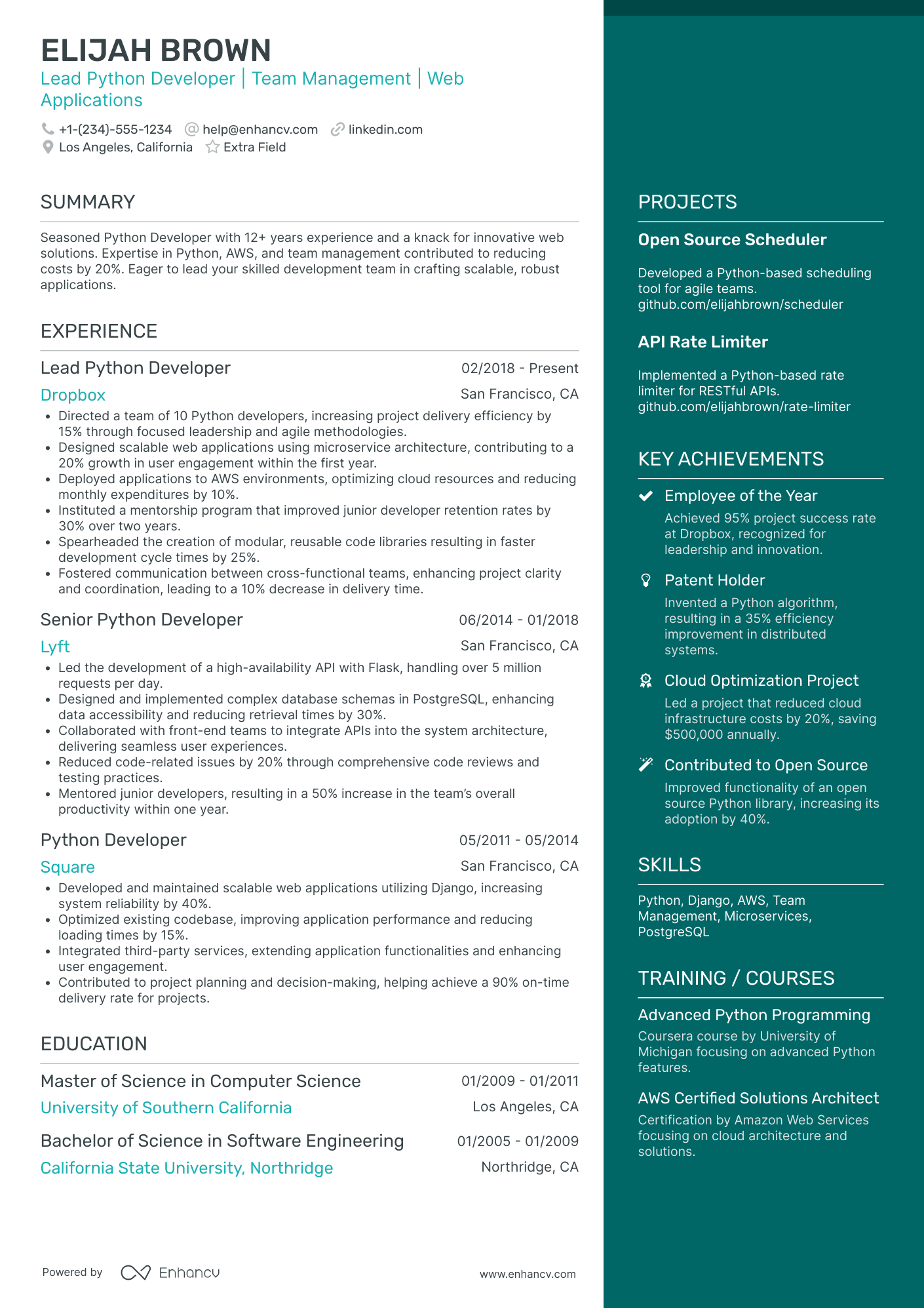 Lead Python Developer Resume Example