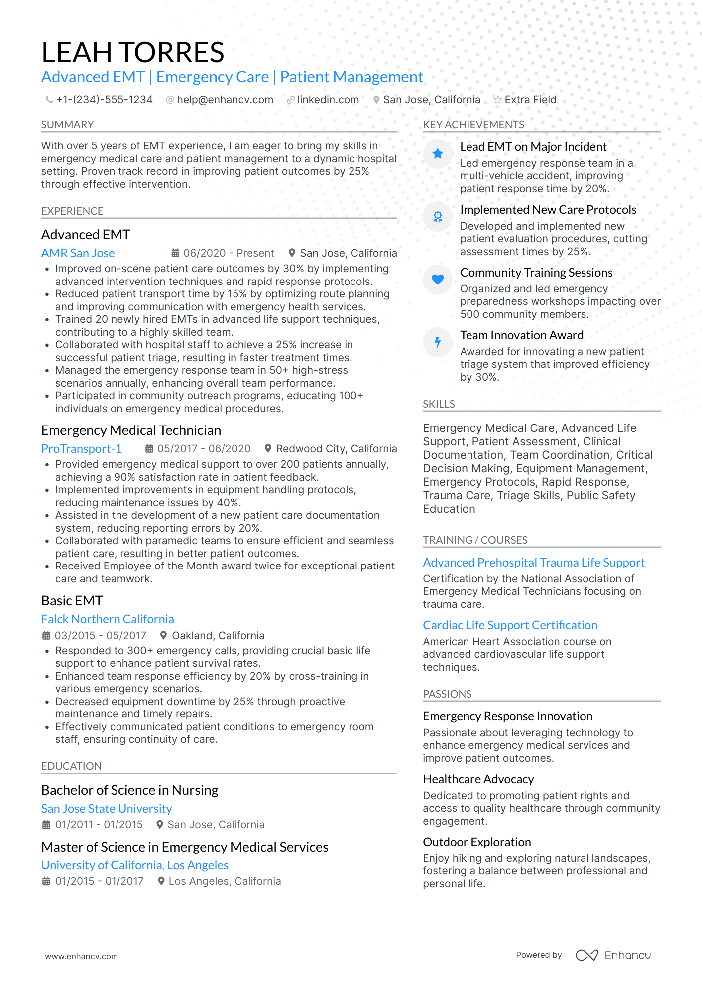 EMT Advanced Resume Example