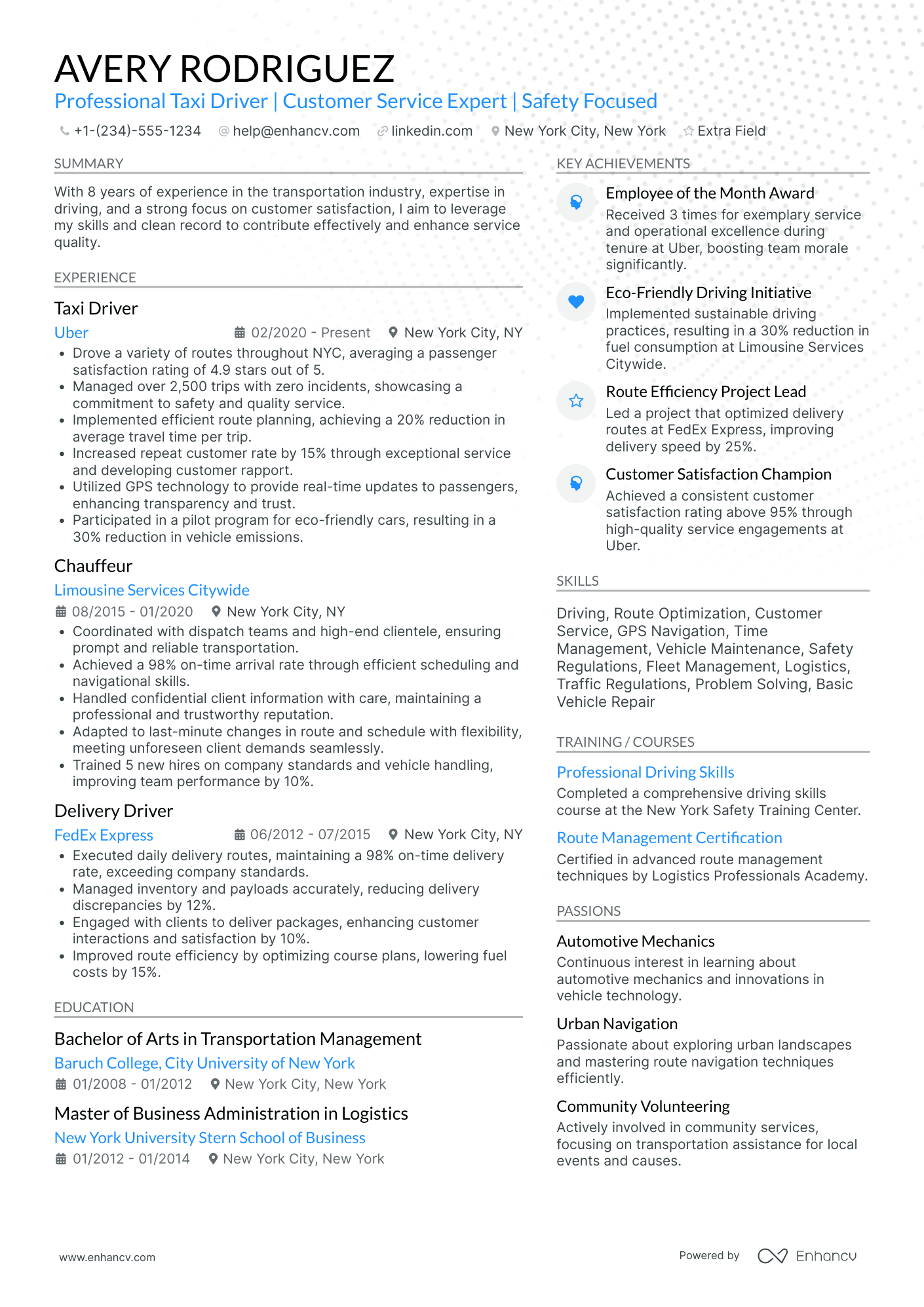 Taxi Driver Resume Example