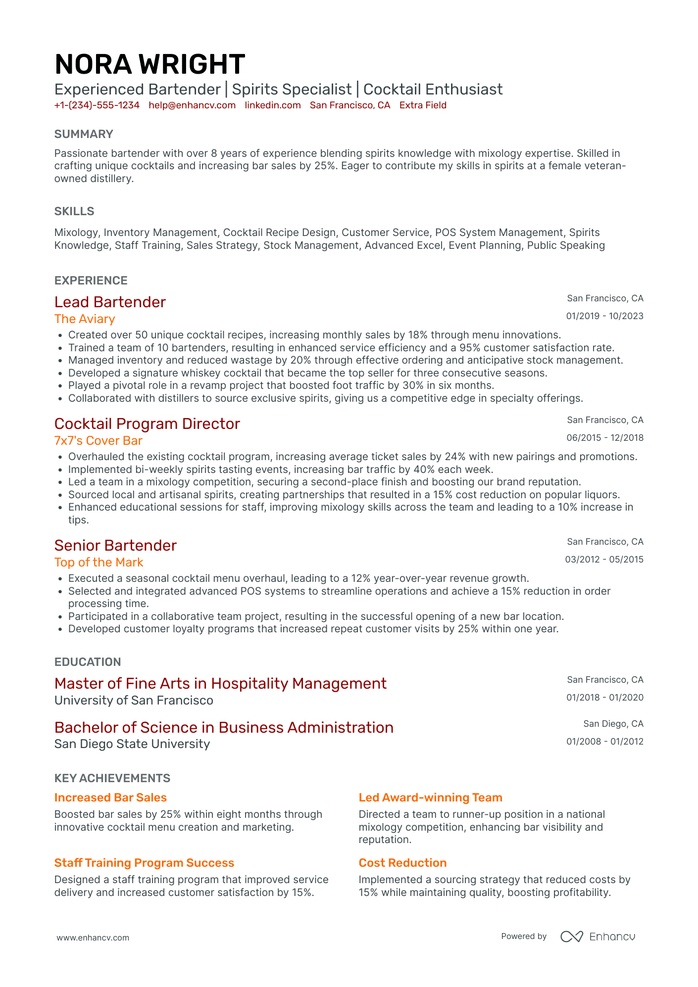 Craft Bartender Resume Example