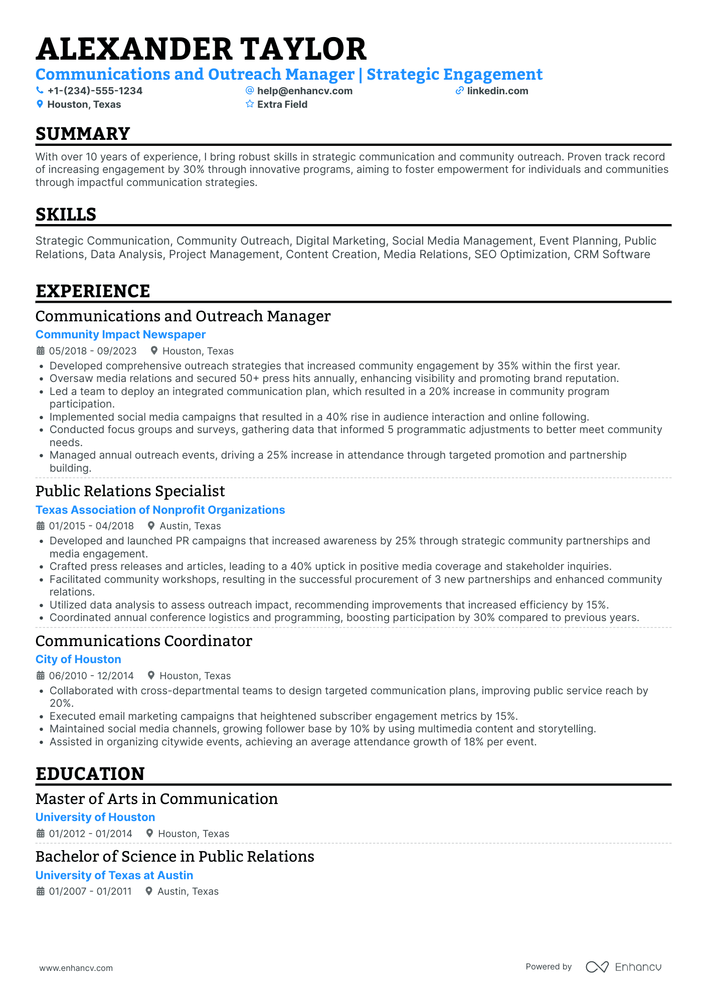 Communication and Outreach Manager Resume Example