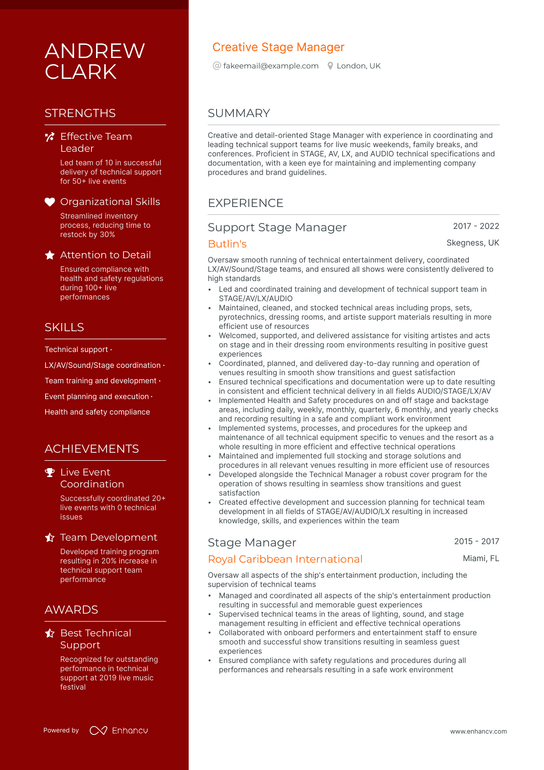 Stage Manager Resume Example