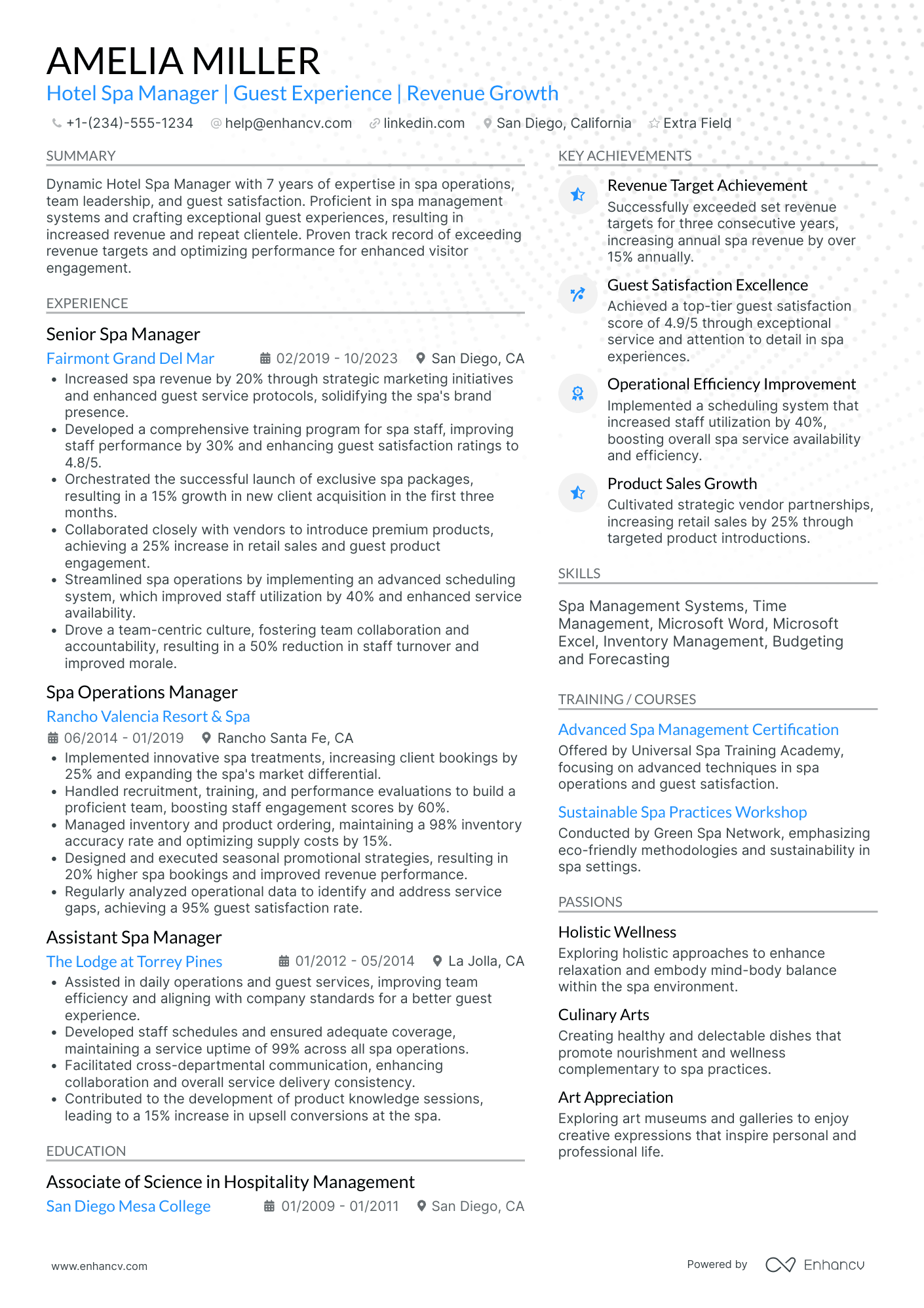 Hotel Spa Manager Resume Example