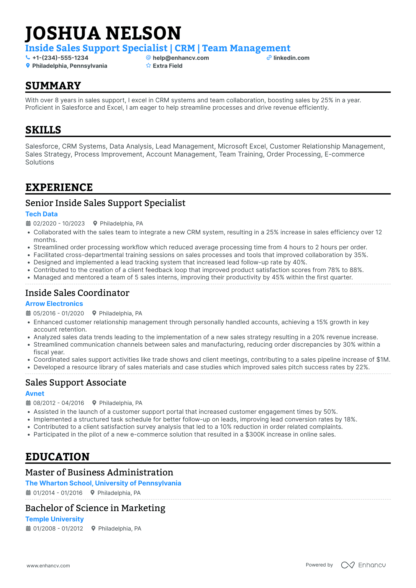 Inside Sales Support Resume Example