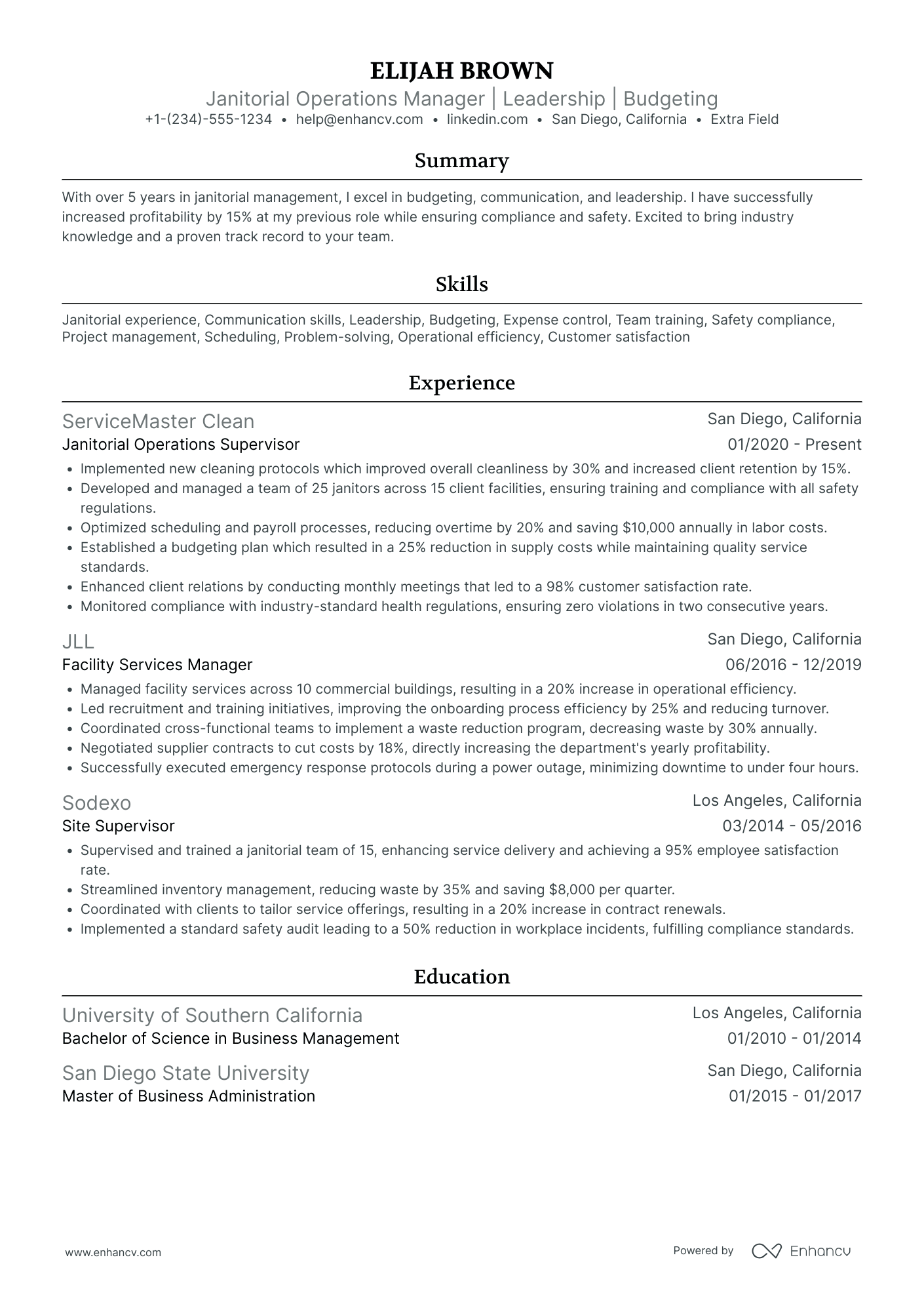 Janitorial Operations Manager Resume Example