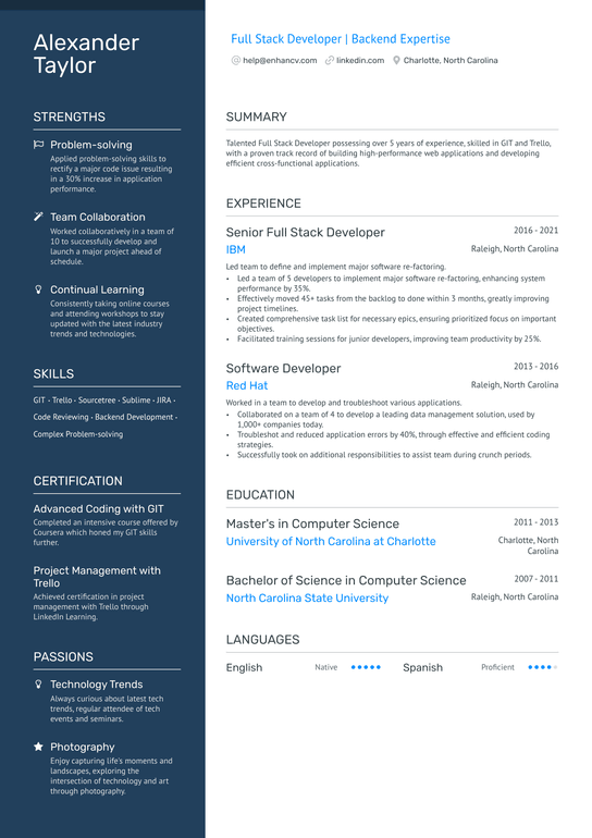 Full Stack Web Developer Resume Example