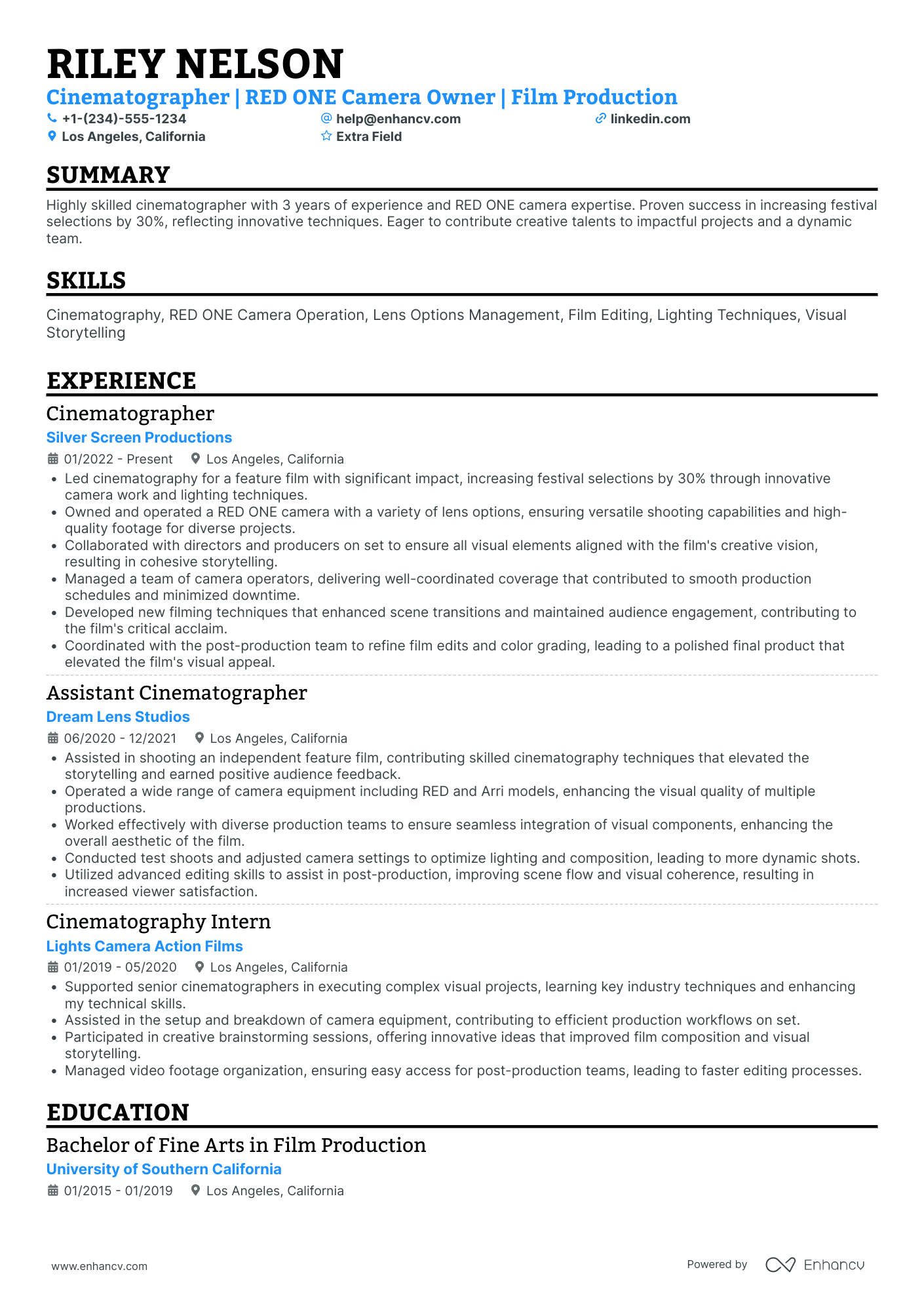 Assistant Cinematographer Resume Example