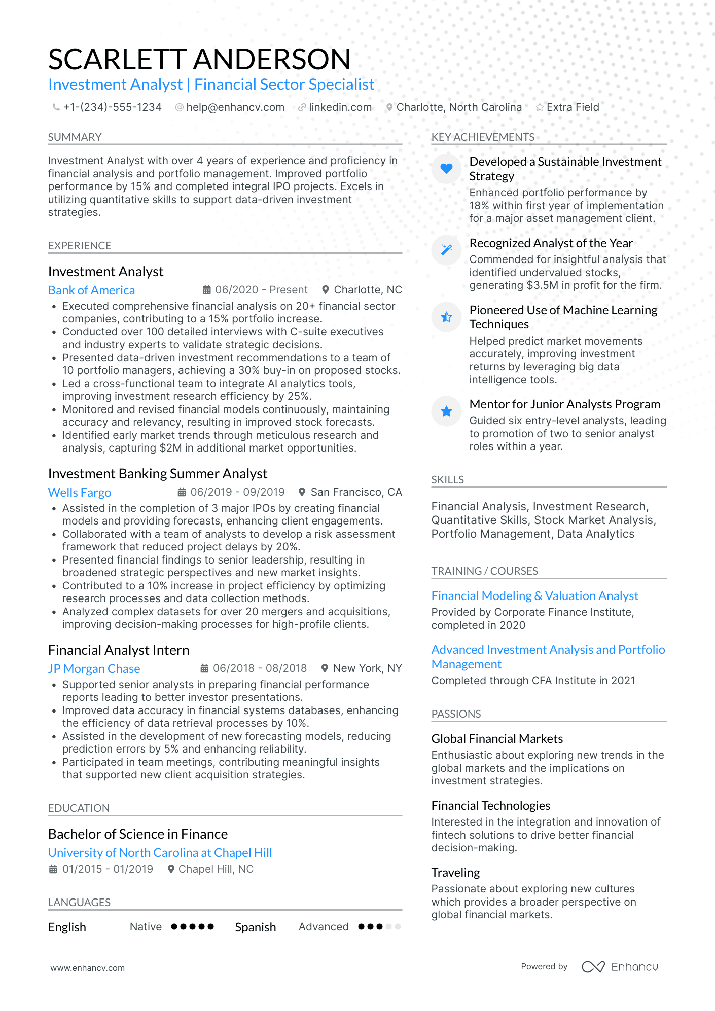 Junior Investment Banking Analyst Resume Example