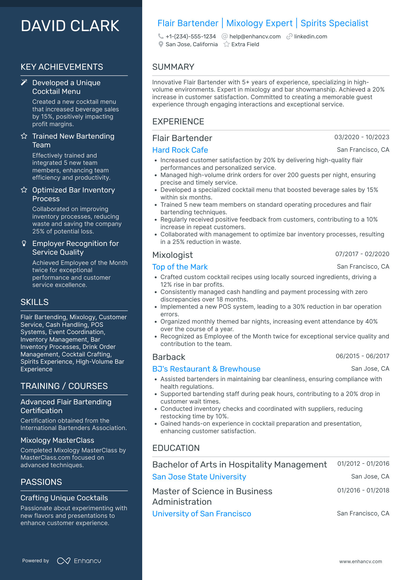 Flair Bartender Resume Example